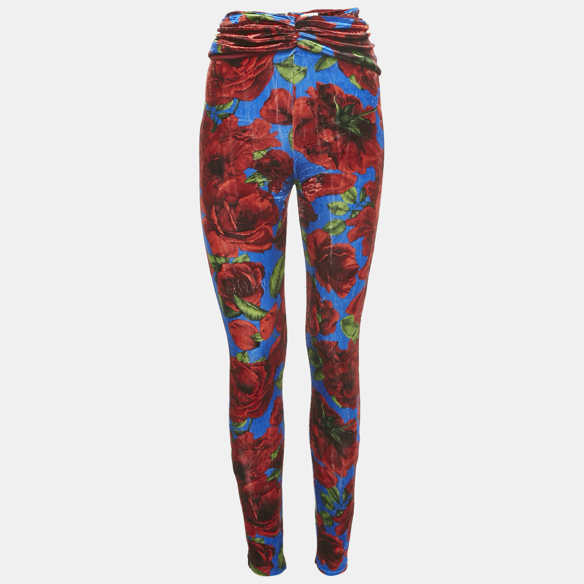 

Magda Butrym Multicolor/Red Rose Print Velvet Drape Detail Leggings S