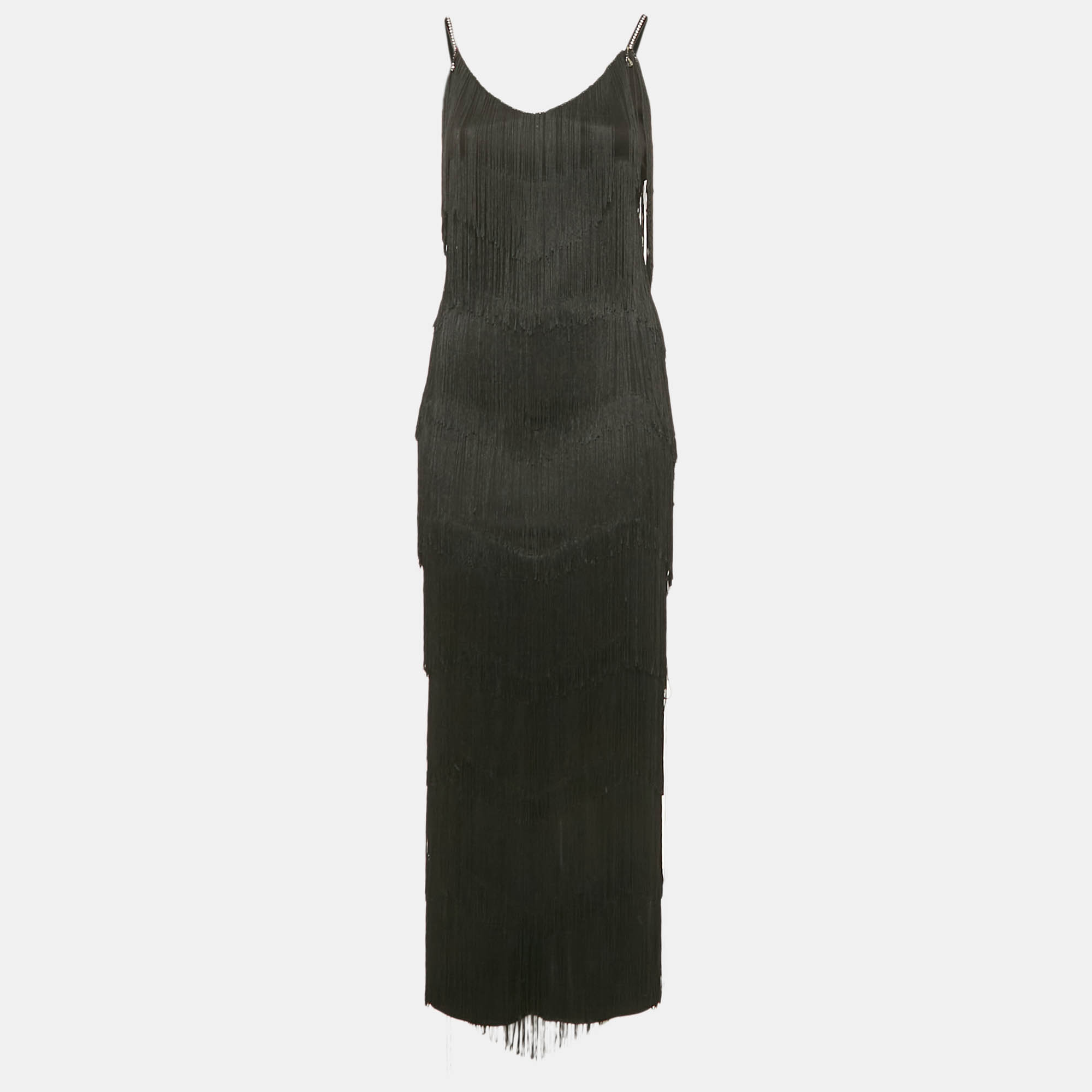 Maison d'Angelann Black Knit Fringed Sleeveless Maxi Dress S