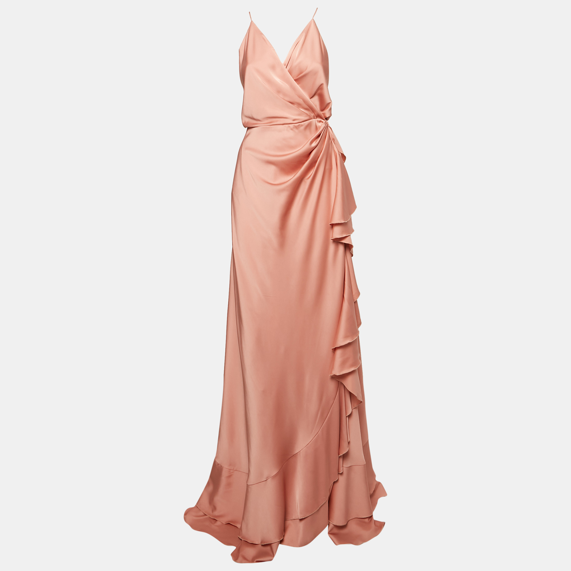 

Maison d'Angelann Pink Satin Ruffled Wrap Long Dress M