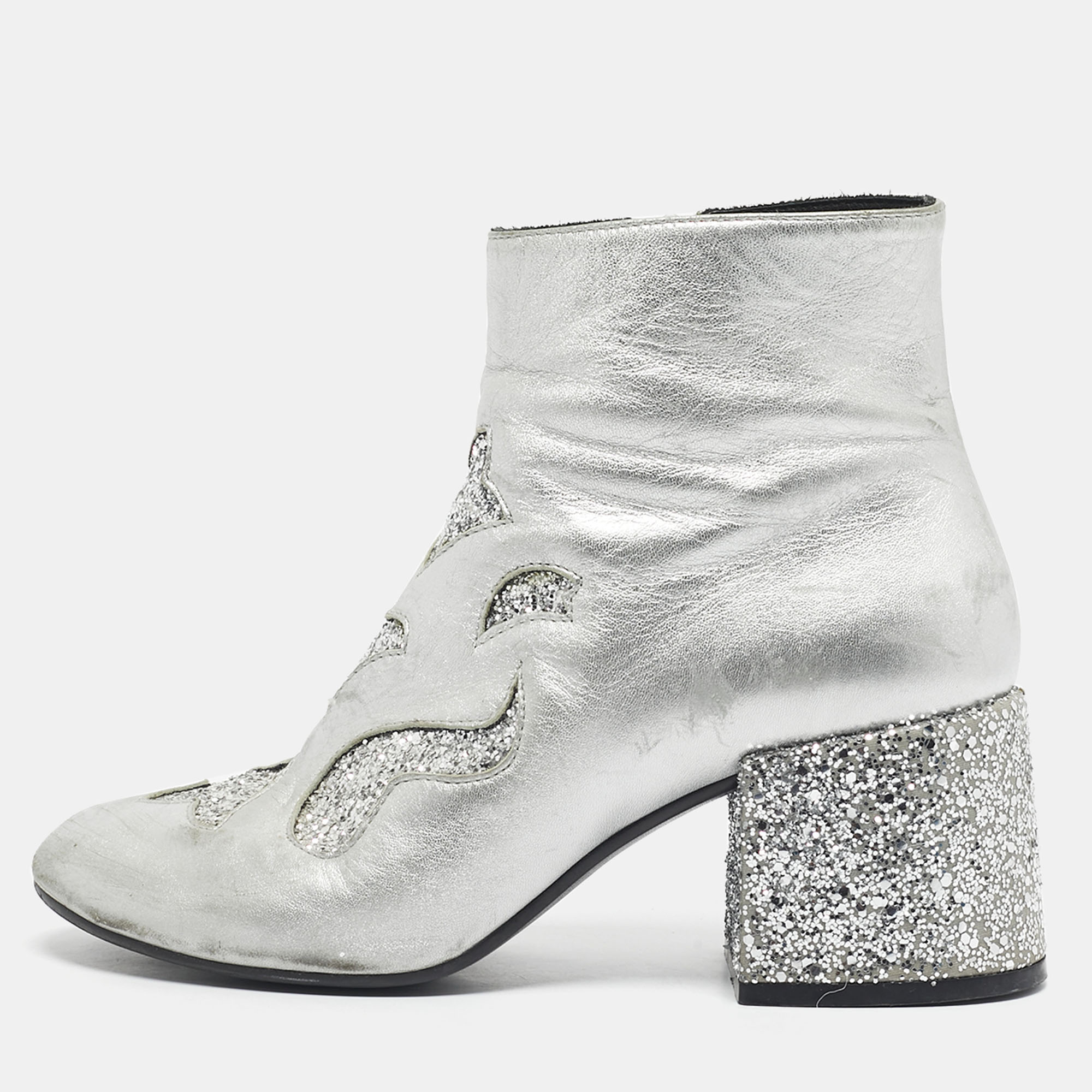 Maison Martin Margiela Silver Glitter and Leather Ankle Length Boots Size 39