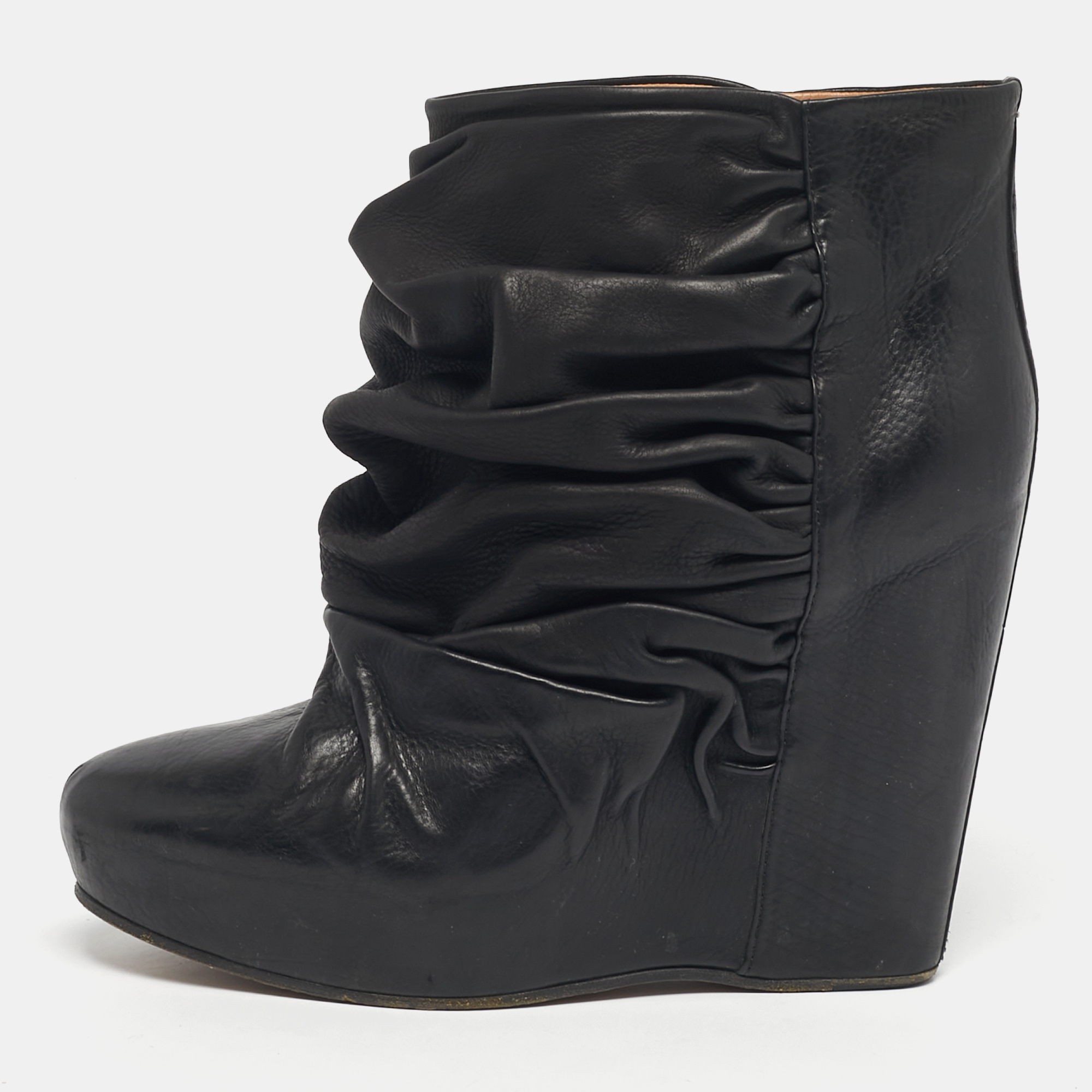 

Maison Martin Margiela Black Leather Ruched Wedge Ankle Length Boots Size
