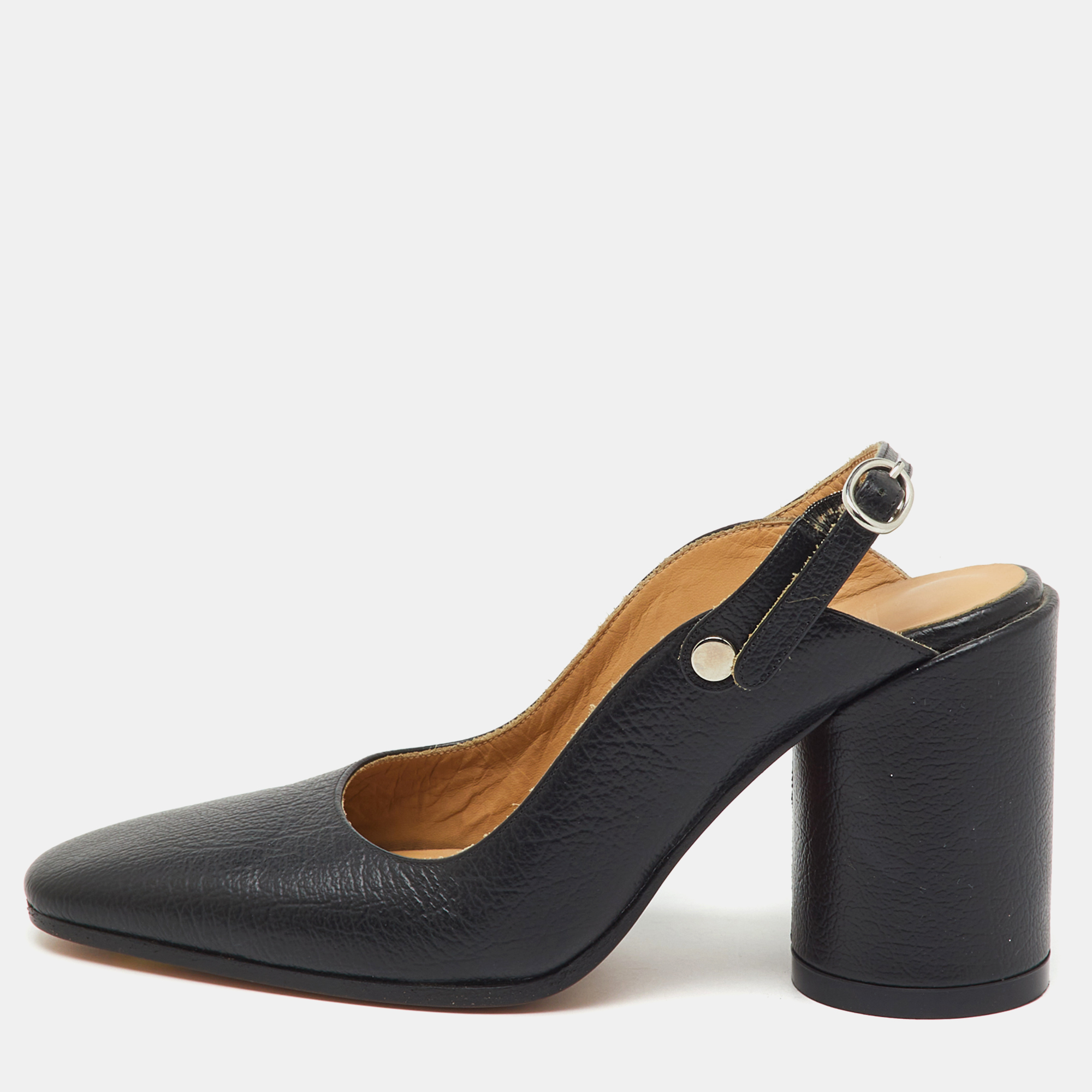 Pre-owned Maison Margiela Black Leather Tabi Block Heel Slingback Mules Size 36