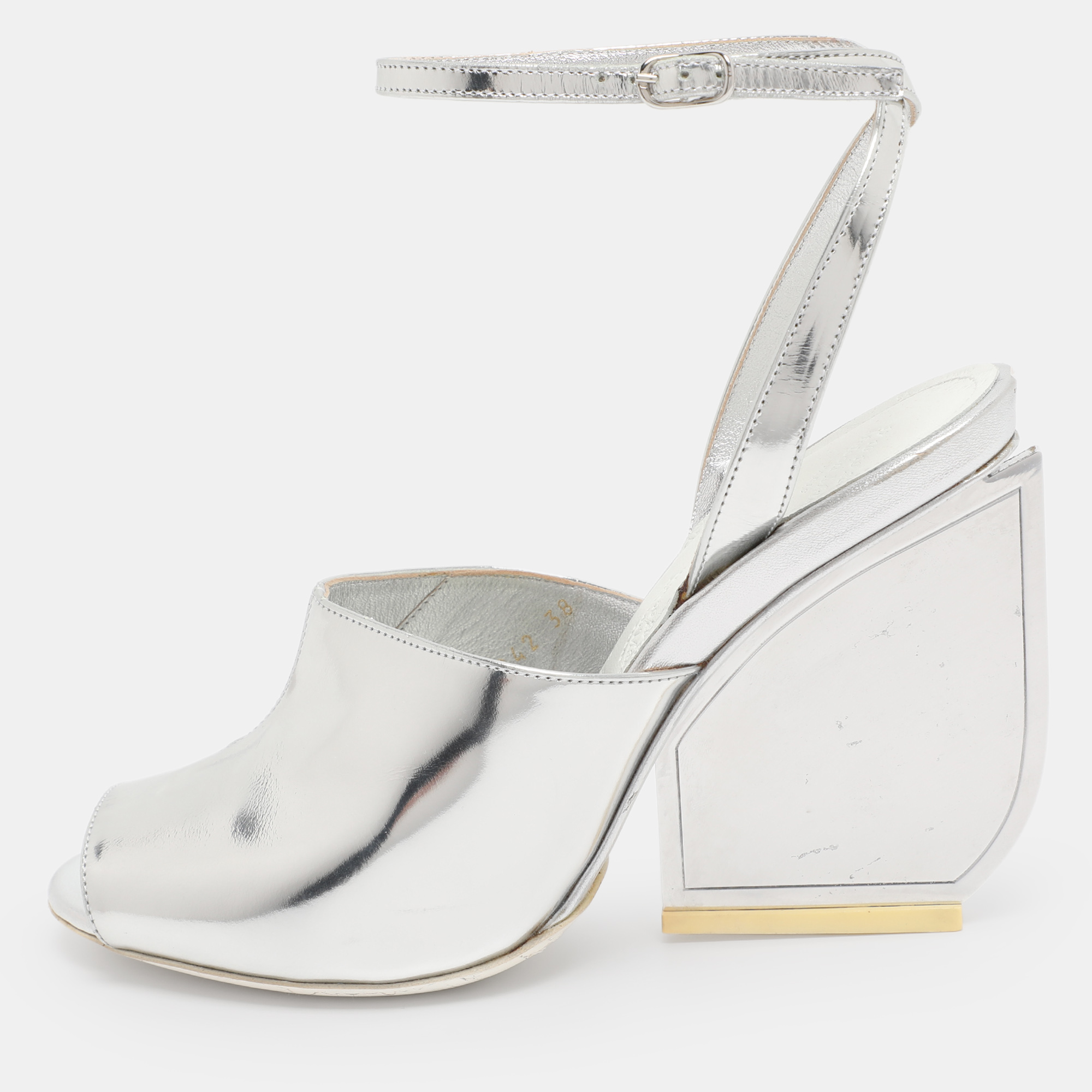 Pre-owned Maison Margiela Silver Patent Leather Mirror Heel Ankle Strap Sandals Size 38