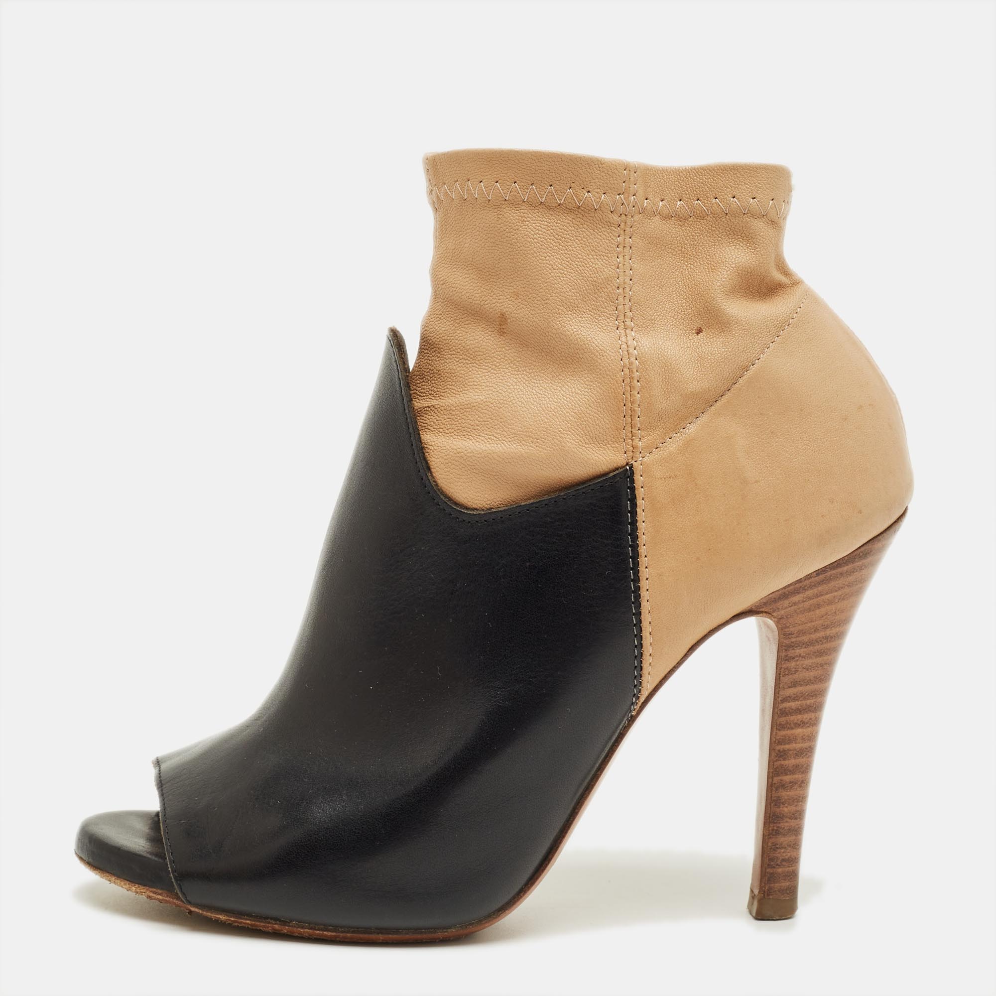 Pre-owned Maison Margiela Black/beige Leather 5ac Peep Toe Booties Size 36