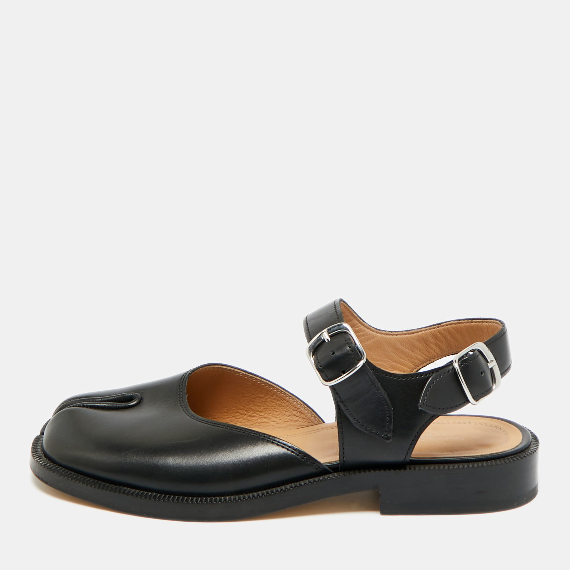 

Maison Martin Margiela Black Leather tabi Ankle Strap Flat Sandals Size