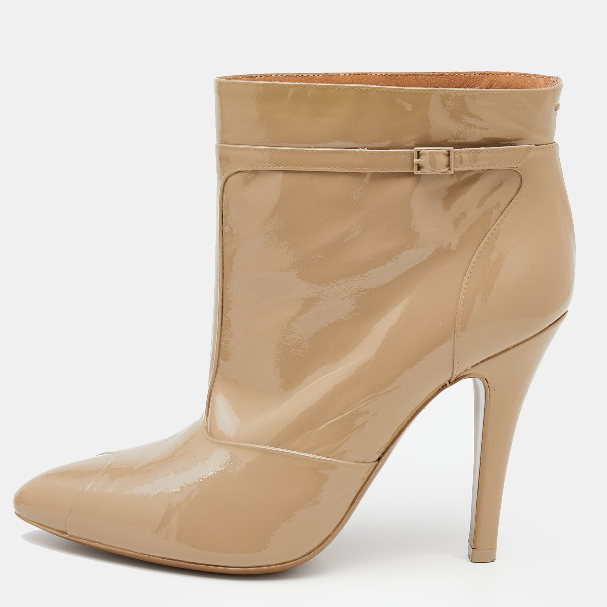 Beige Patent Leather Ankle Boots