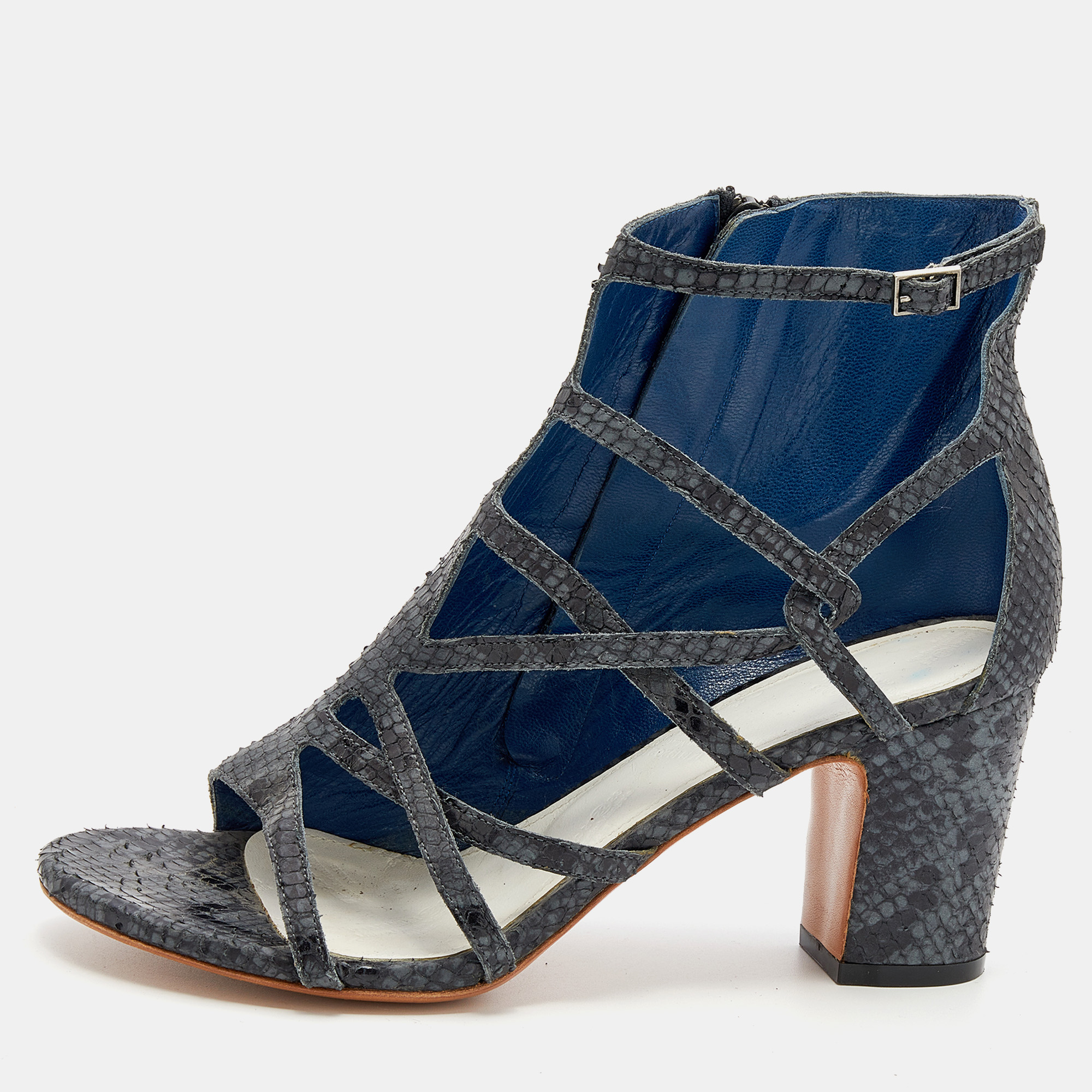 Grey/black Python Embossed Leather Strappy Open Toe Booties