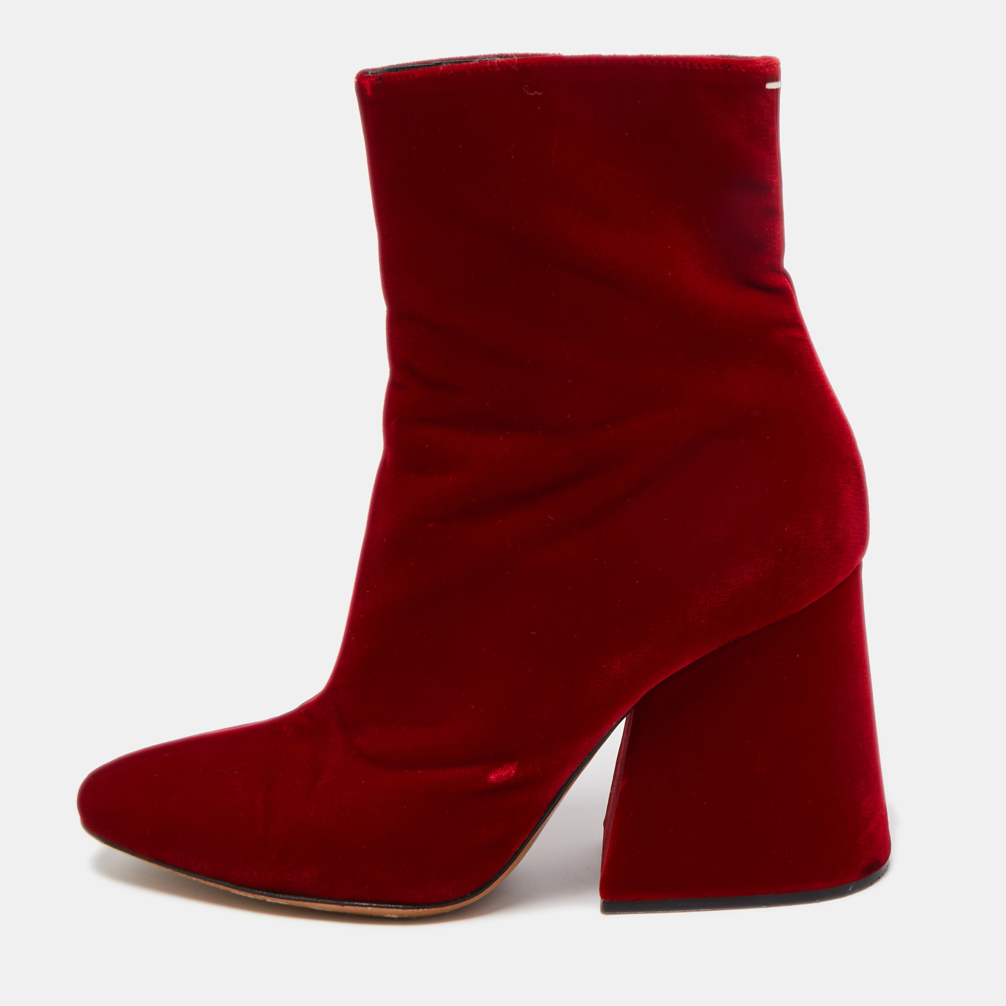 

Maison Margiela Red Velvet Block Heel Zip Up Ankle Boots Size