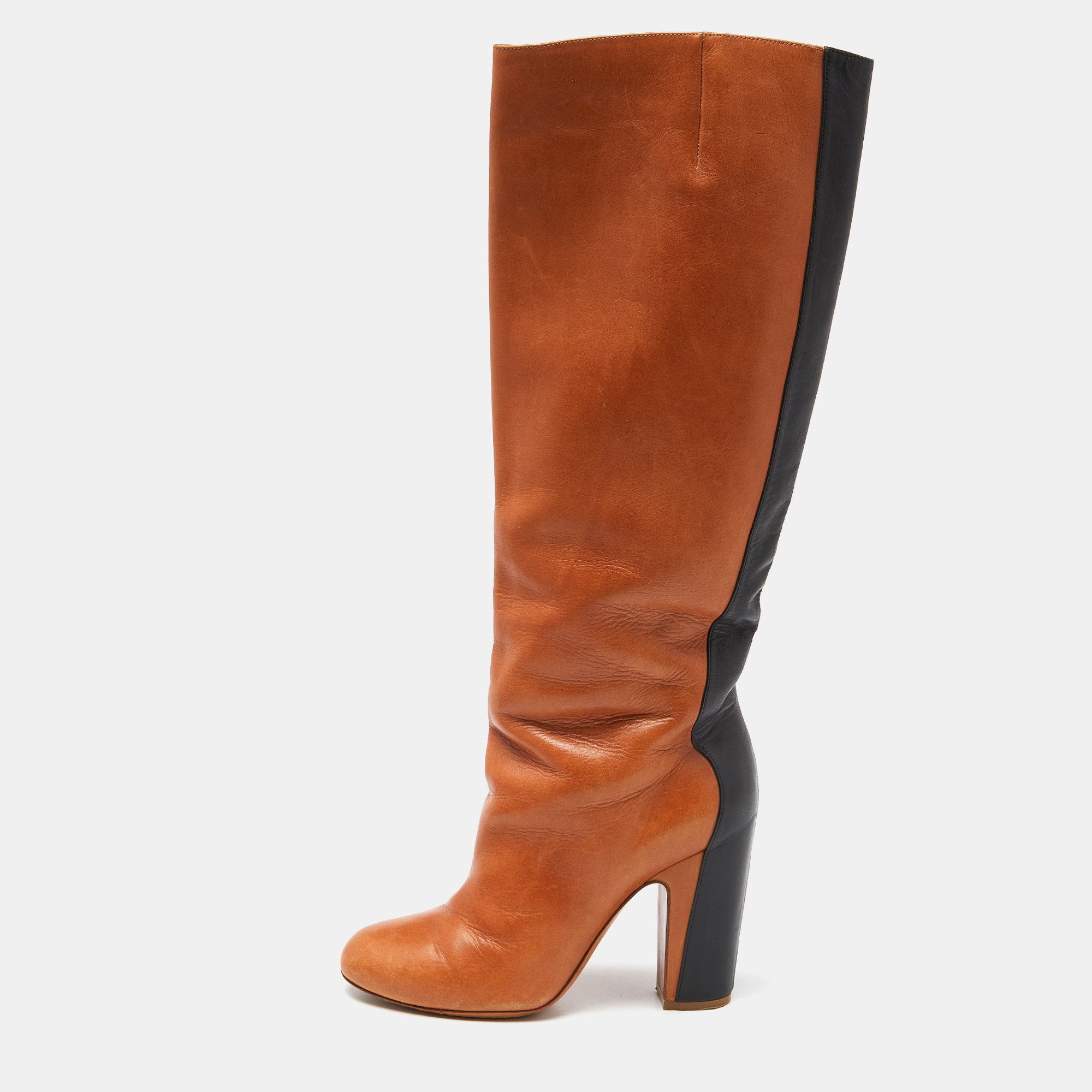 Brown/black Leather Knee Length Block Heel Boots