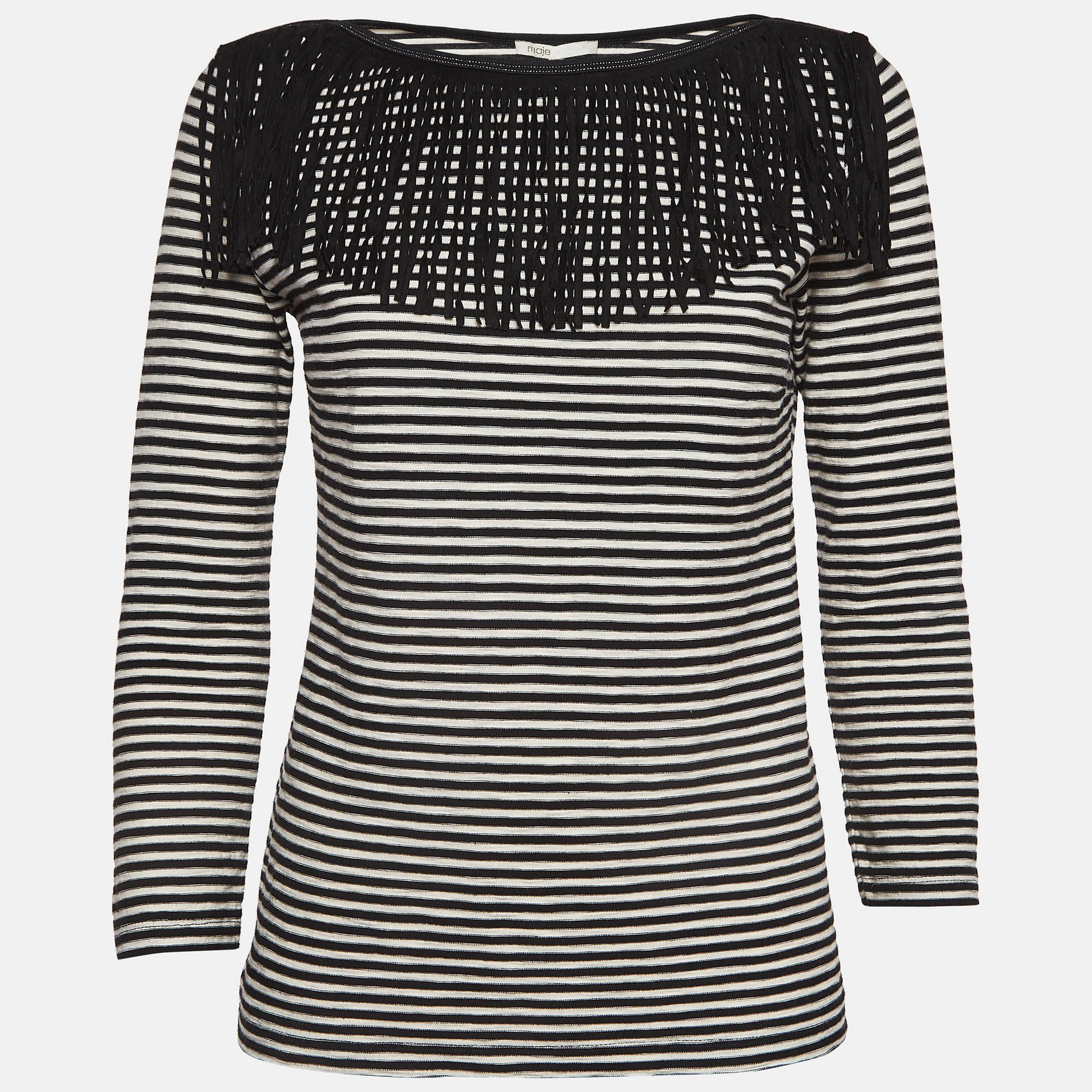 

Maje Black/White Stripe Cotton Fringed Detail T-Shirt M
