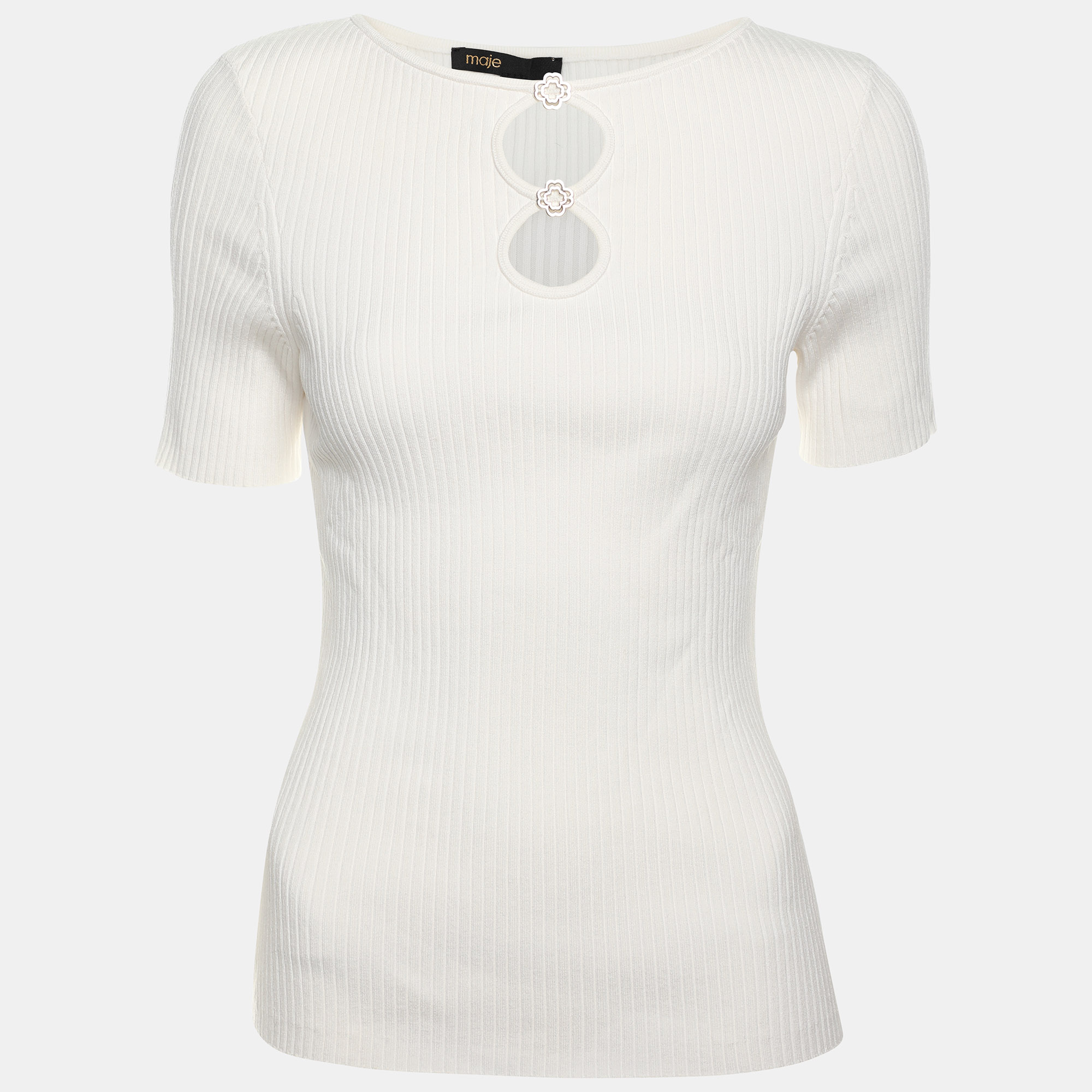 

Maje White Cut Out Rib Knit Embellished Top M