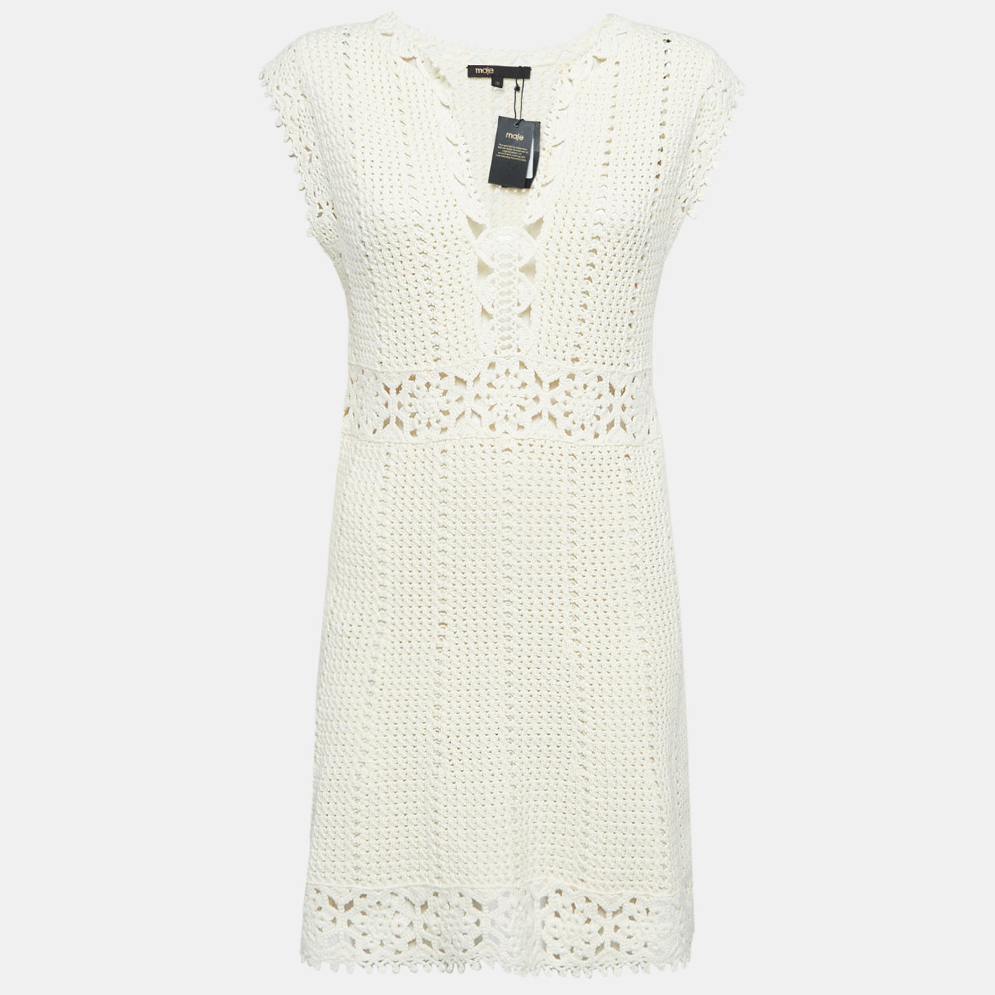 

Maje Cream Crochet Knit Sleeveless Rebelle Mini Dress M