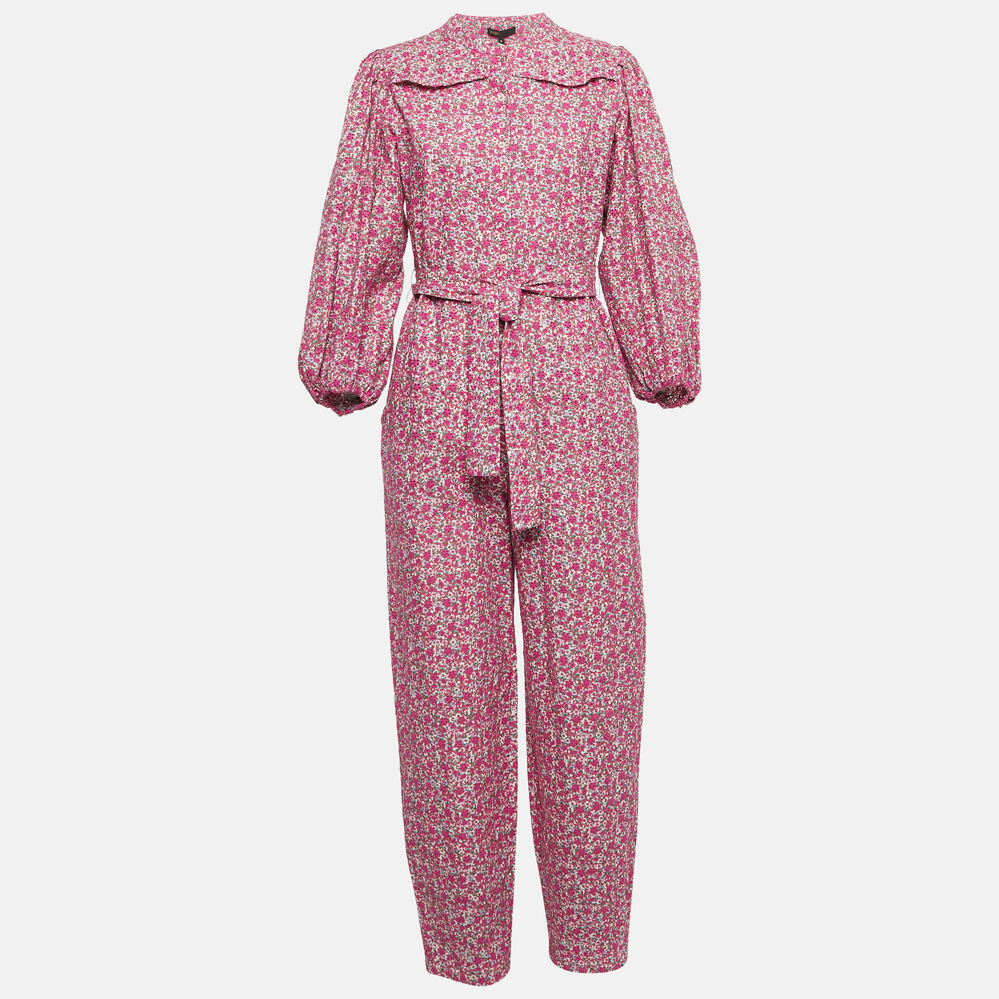 Pre-owned Maje Pink Imprime Fleu Print Cotton Puff Sleeve Jumpsuit M