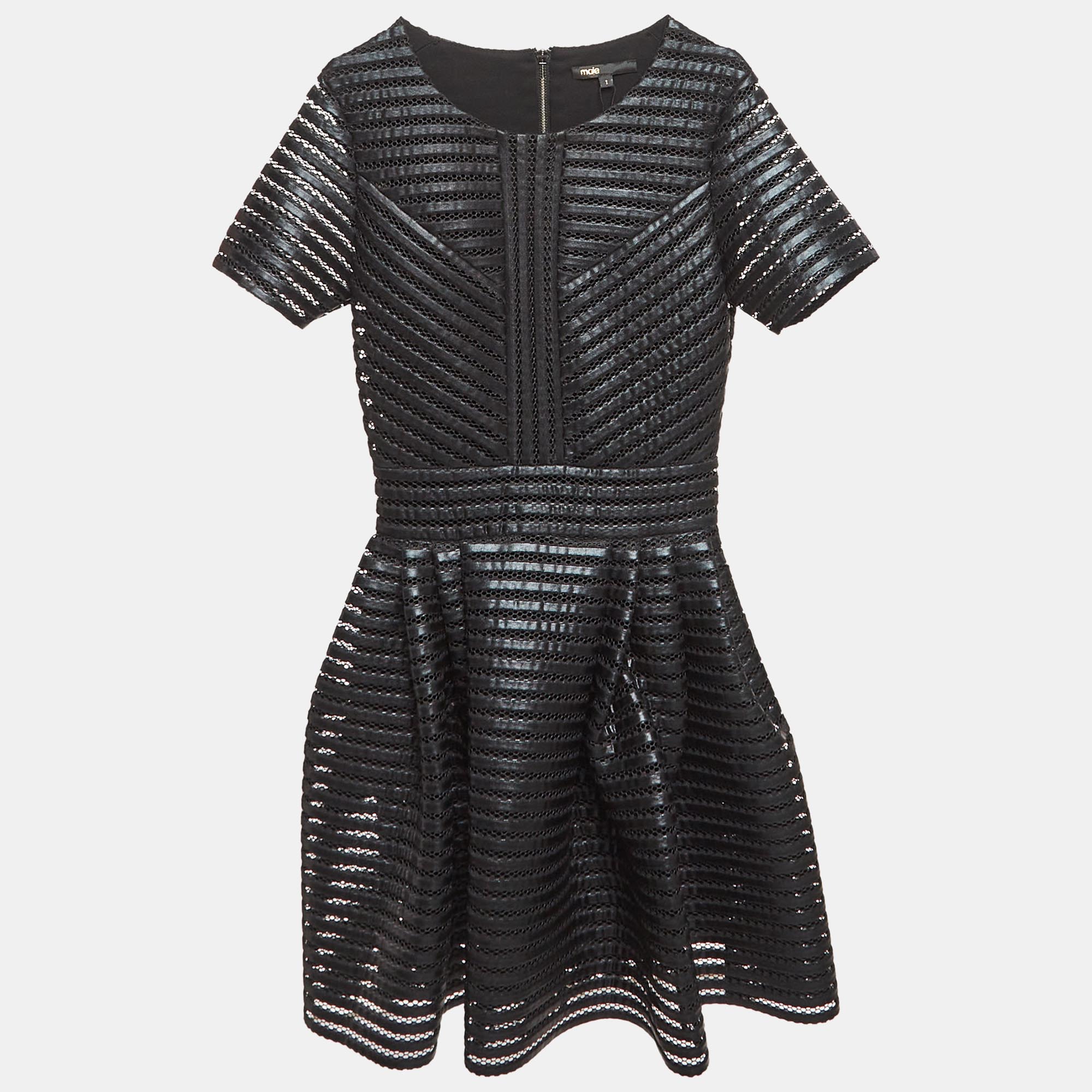 

Maje Black Roybridge Striped Mesh Flared Mini Dress S