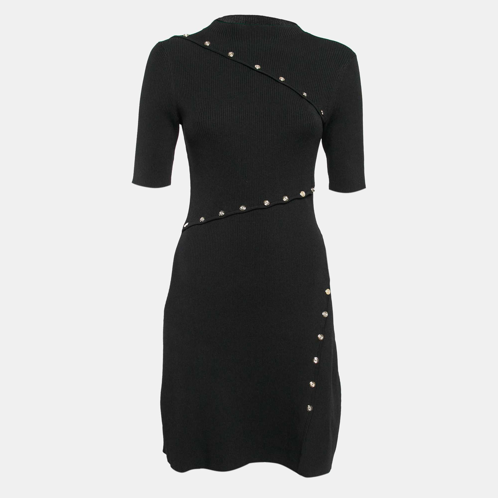 

Maje Black Rib Knit Button Detail Flared Short Dress M