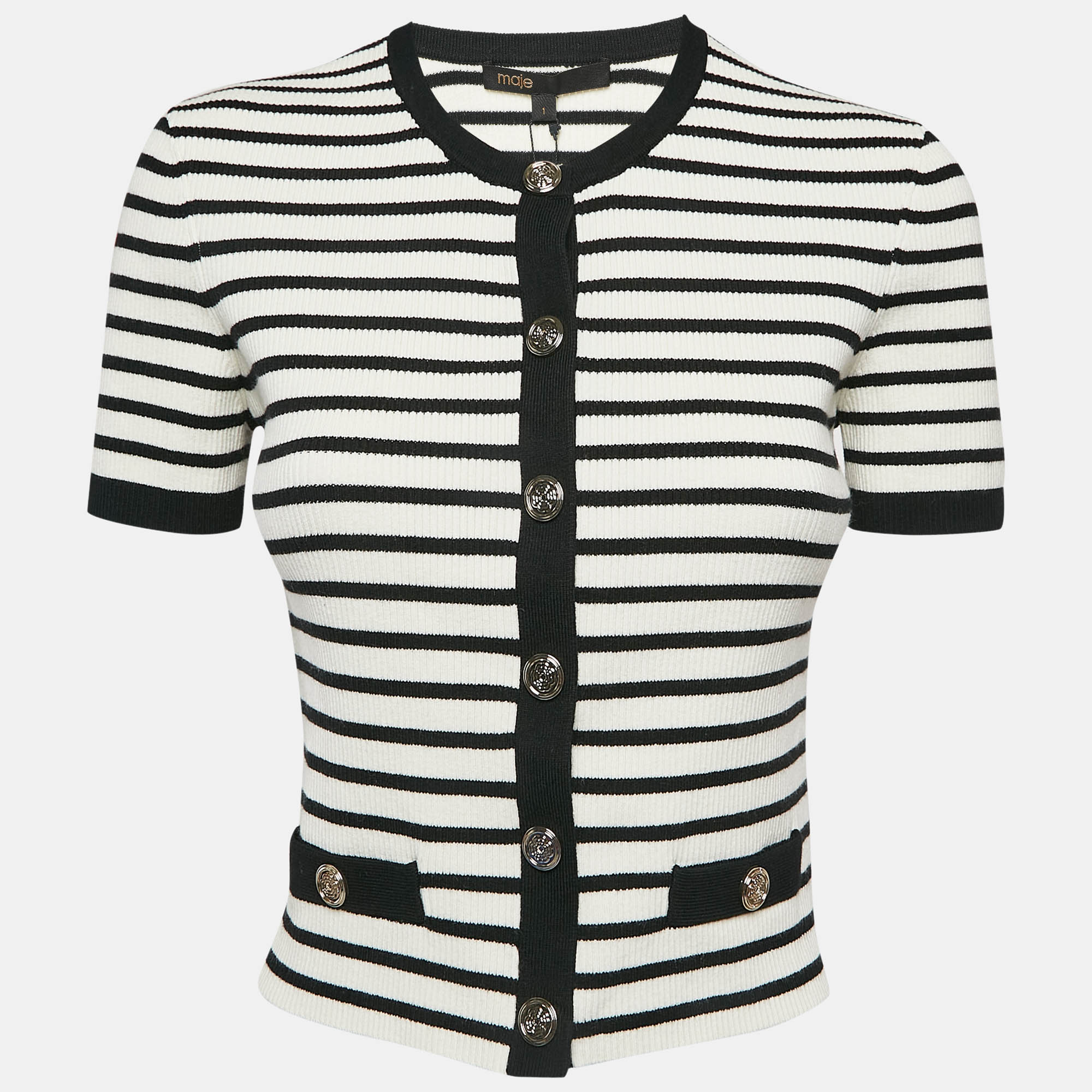 

Maje Black/White Stripe Rib Knit Button Front Cardigan S