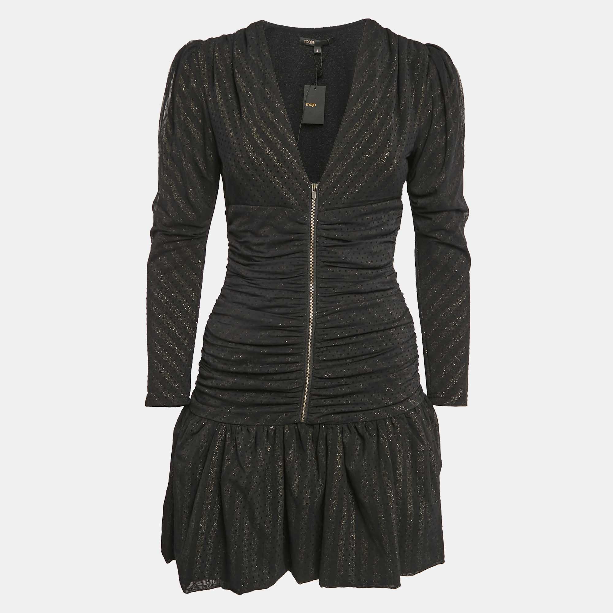 

Maje Black Lurex Knit Mesh Ruched Ralone Mini Dress M