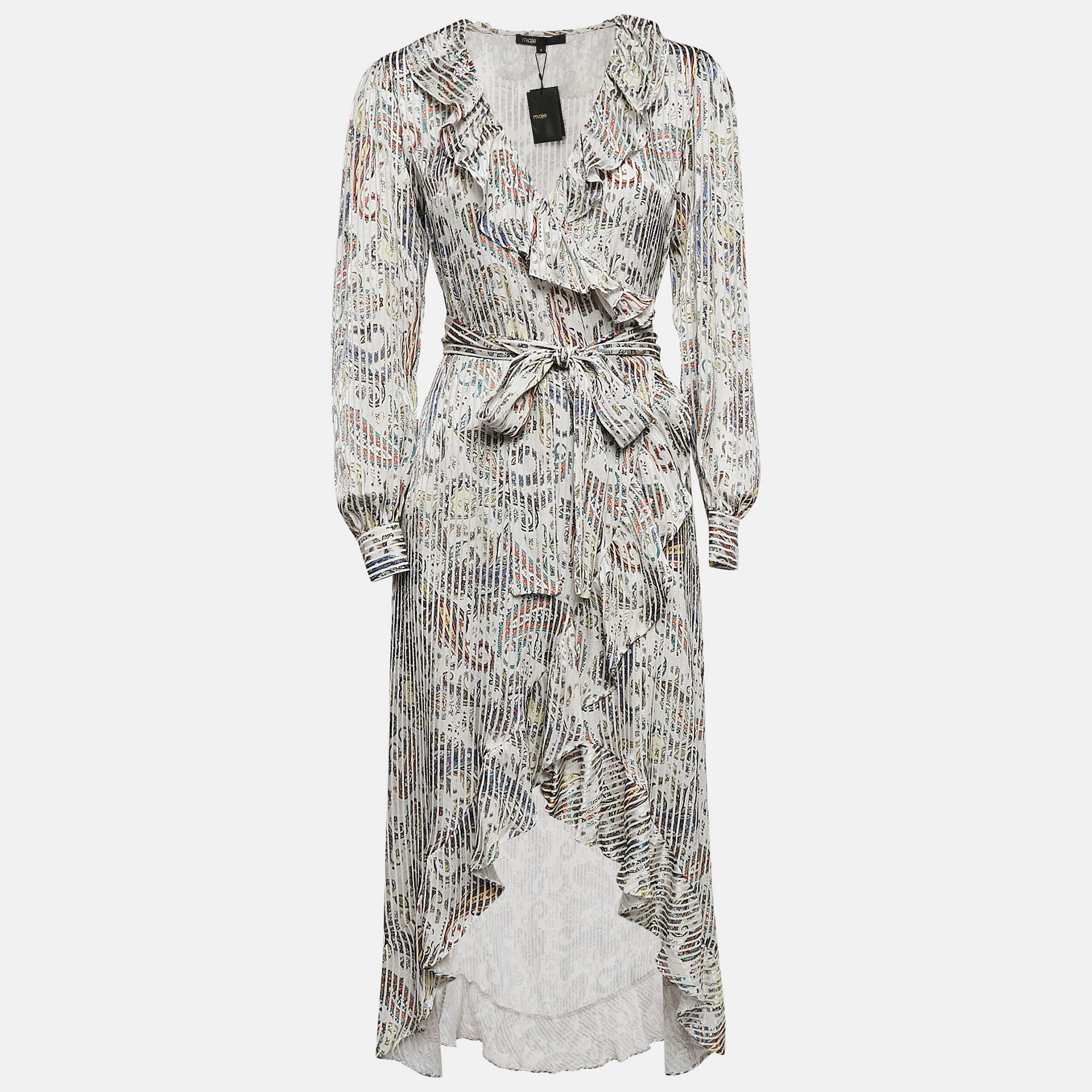 

Maje Grey/Multicolor Paisley Print Crepe Midi Wrap Argent Dress L