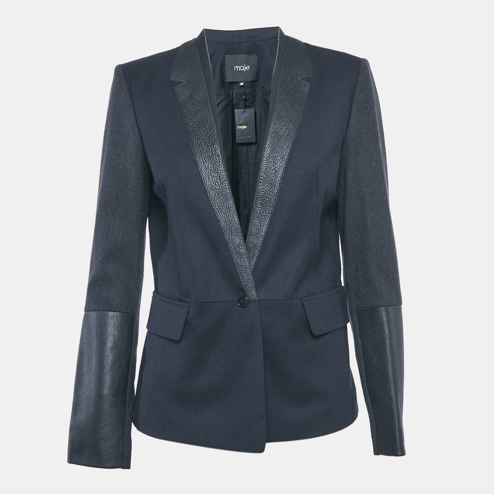 

Maje Navy Blue Leather Trim and Wool Single Breasted Blazer M