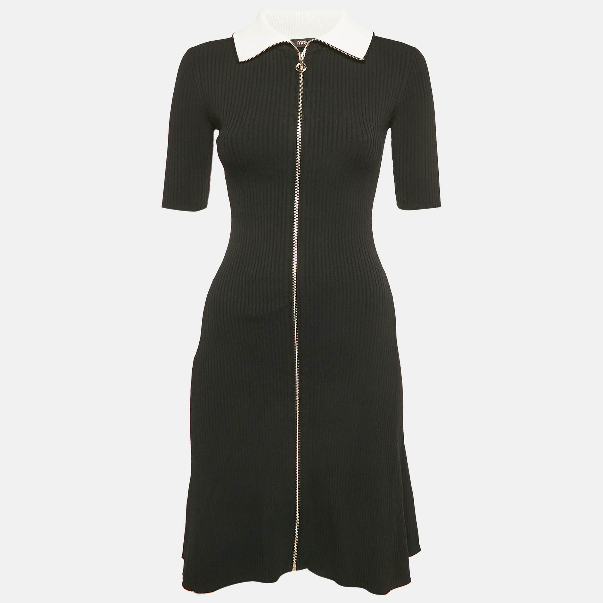 

Maje Black Rib Knit Contrast Collar Zip Front Dress XS