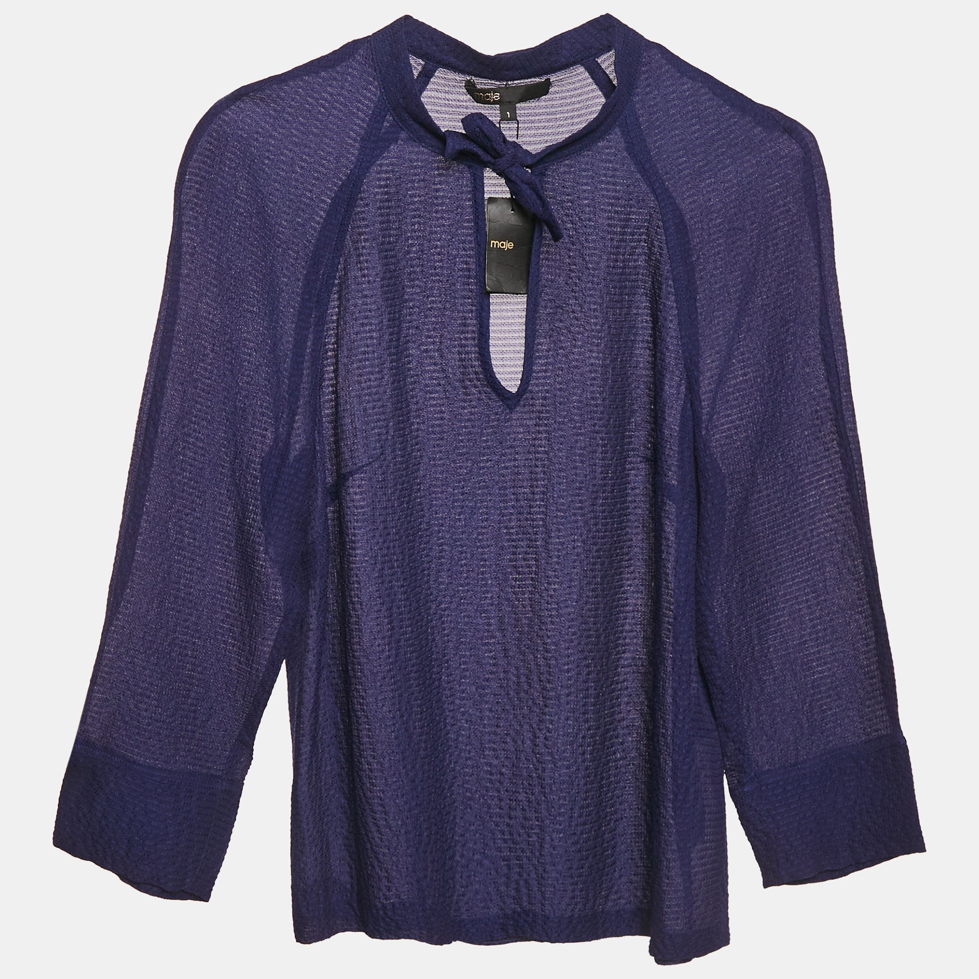 

Maje Navy Blue Textured Silk Tie-Up Neck Detail Top S