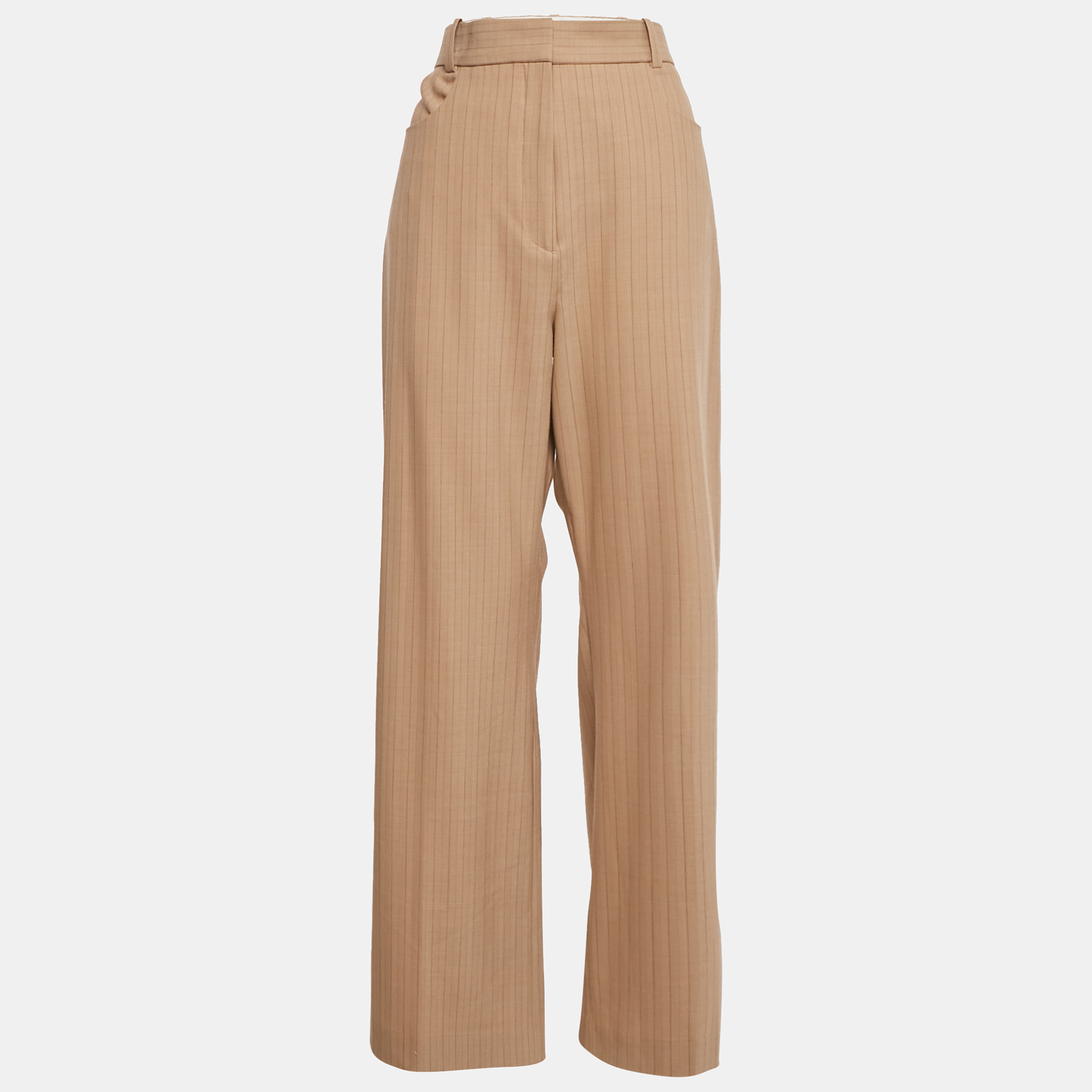 

Maje Brown Striped Wool Blend Trousers L, Beige