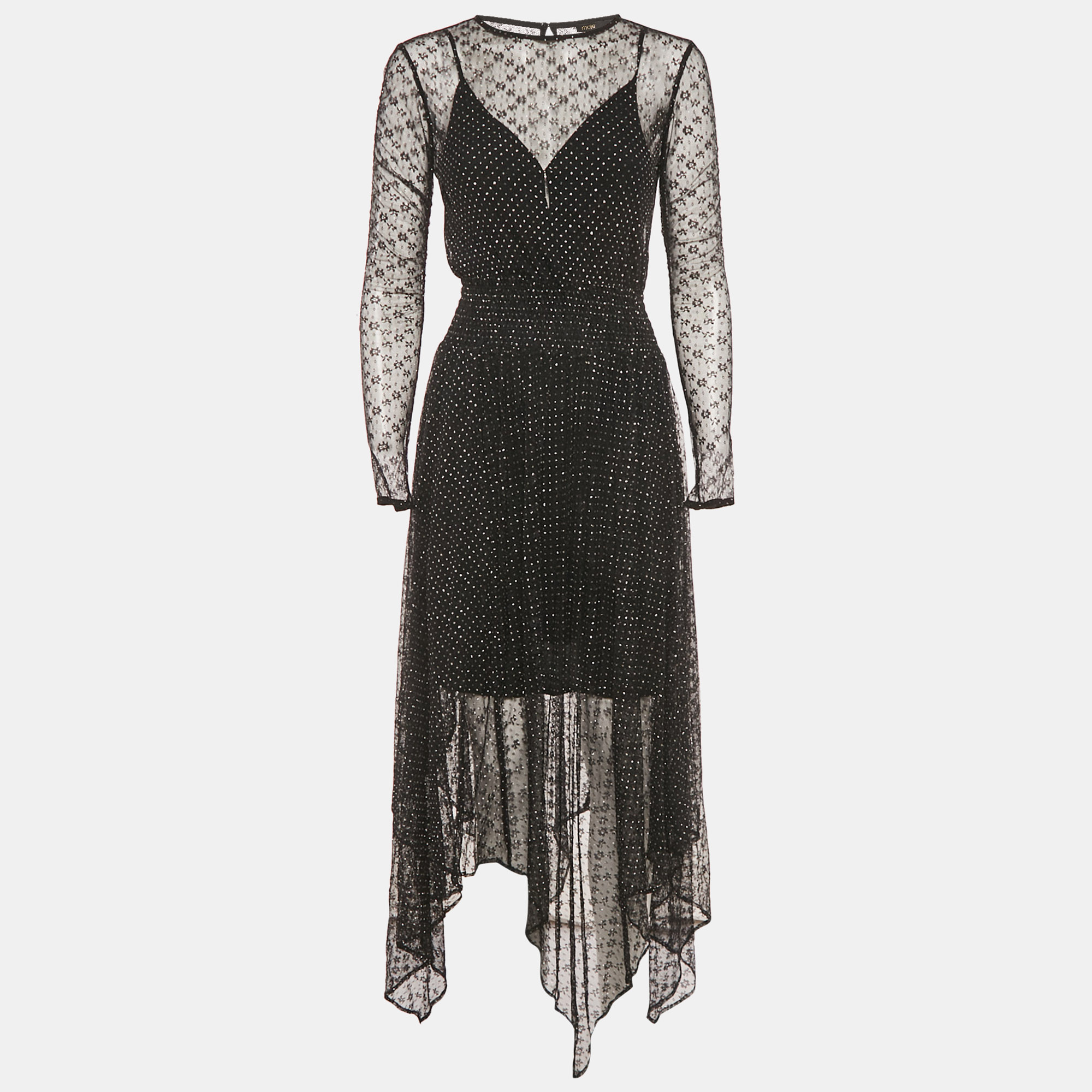 

Maje Black Glitter Mesh Ruche Detail Asymmetric Midi Dress S