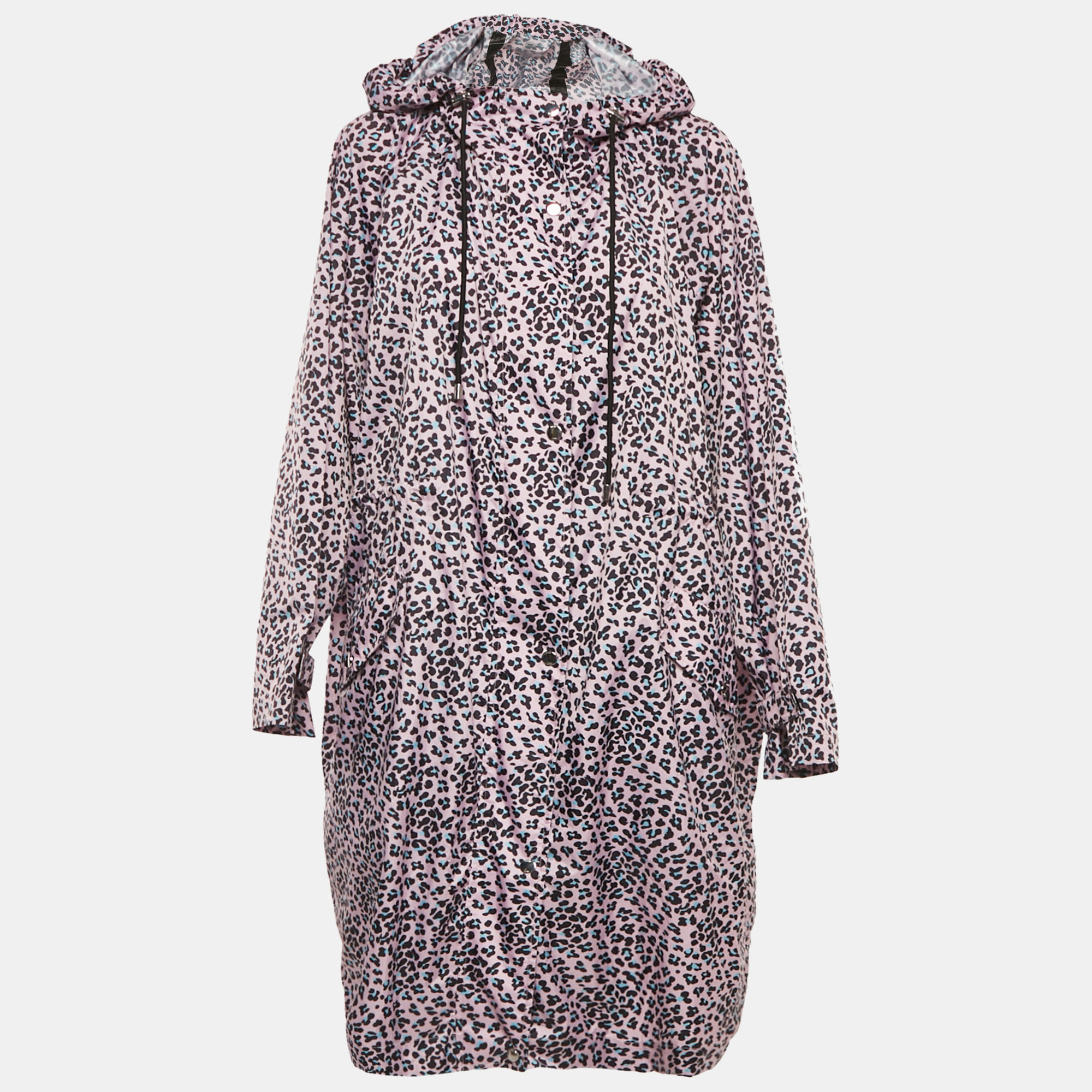 

Maje Pink Leopard Print Synthetic Zip-Up Hooded Long Coat S