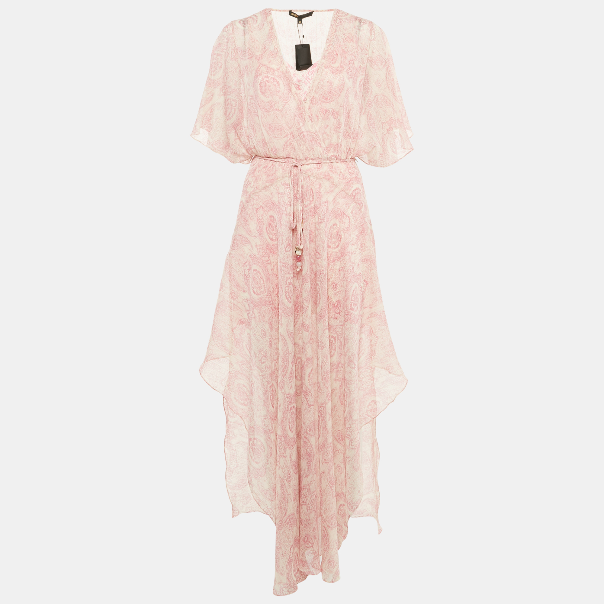 Pre-owned Maje Pink Paisley Print Lurex Crepe Asymmetric Flared Scarf Dress S