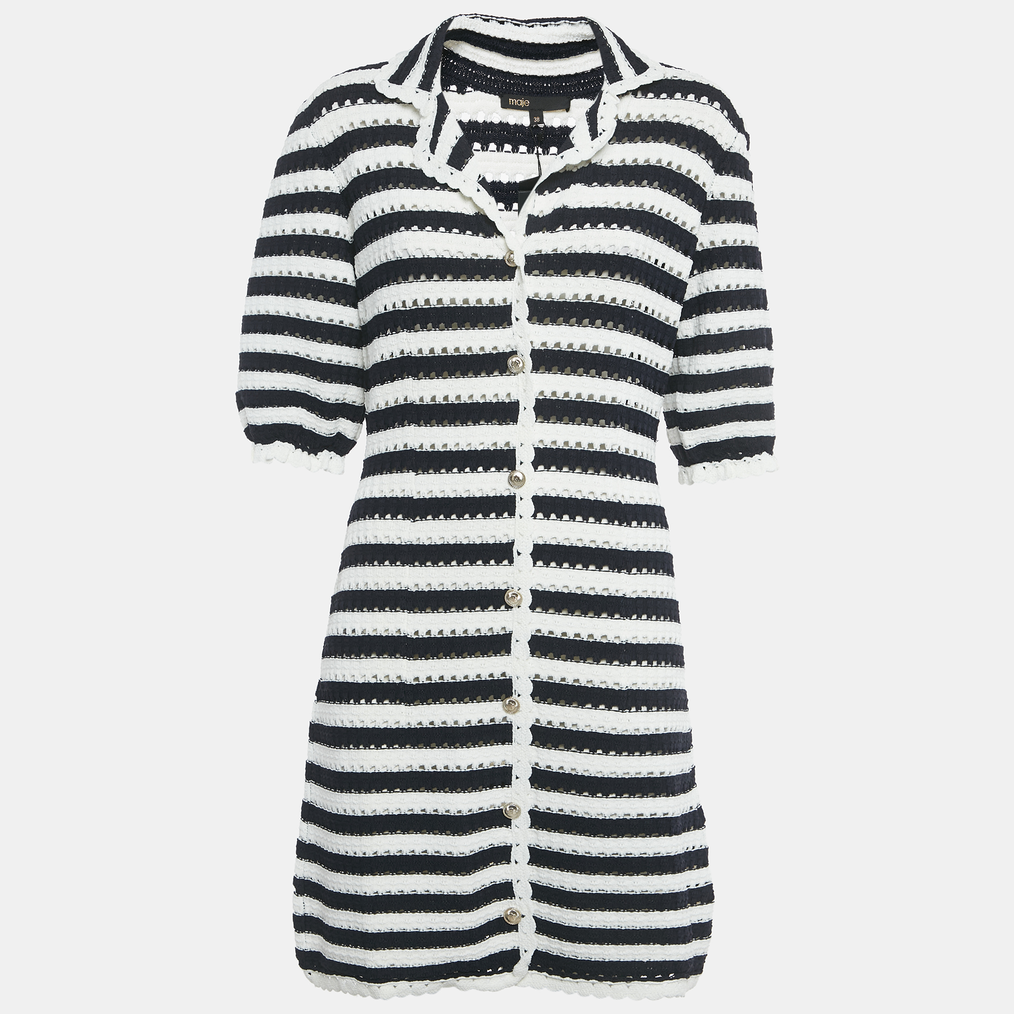 

Maje White/Navy Blue Striped Crochet Rosette Mini Dress M