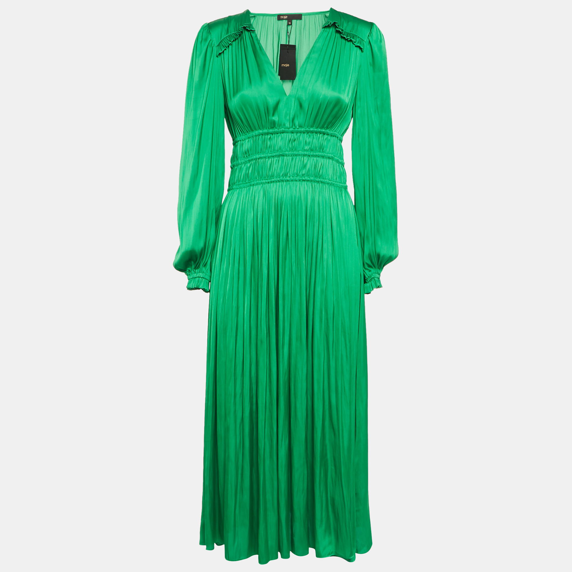 

Maje Green Satin Ruffled Midi Dress S