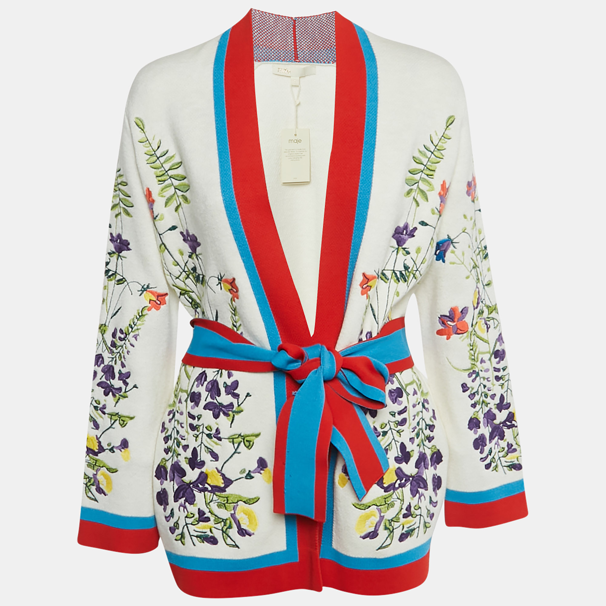 Pre-owned Maje White Floral Embroidered Stretch Knit Cardigan S