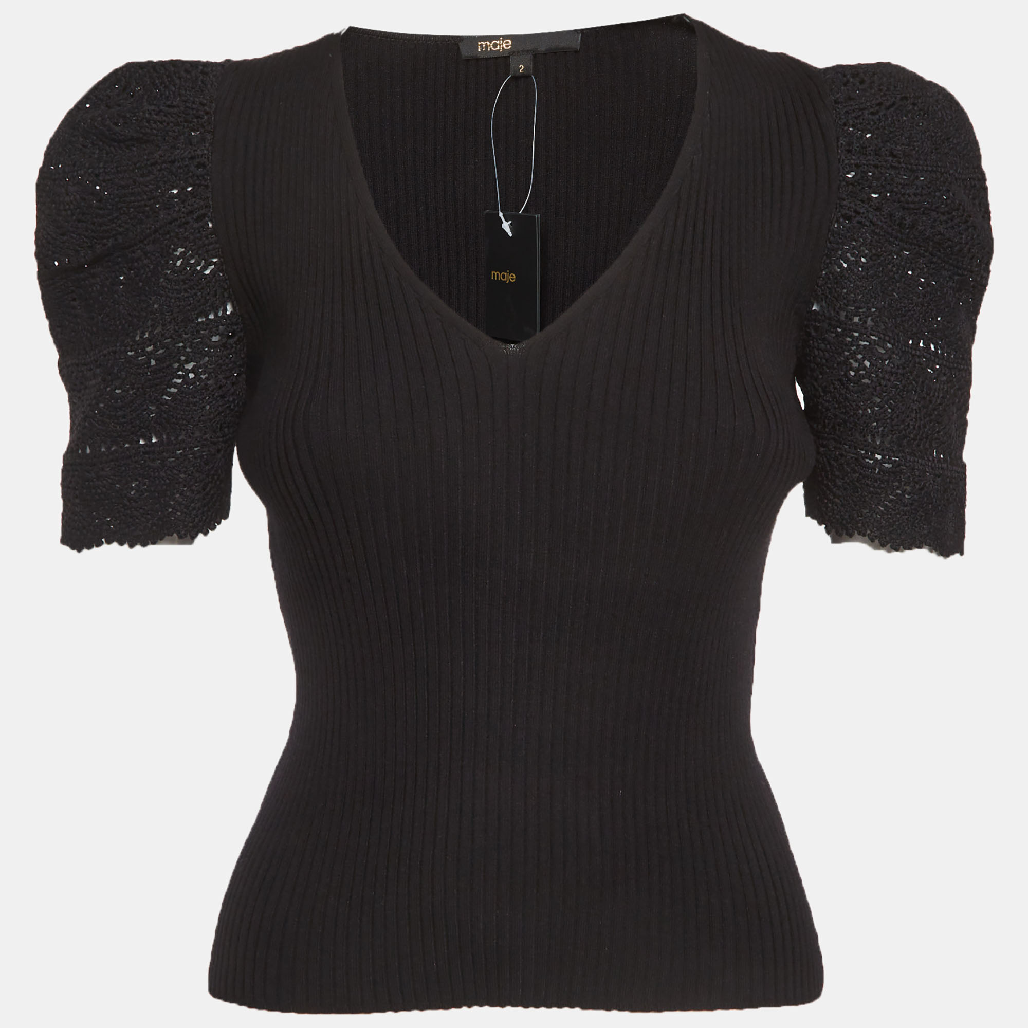 

Maje Black Crochet Sleeve Rib Knit Top M