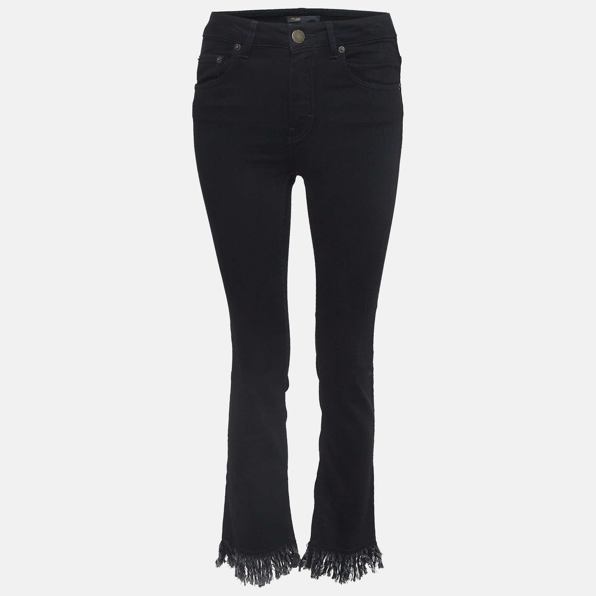 Pre-owned Maje Black Denim Fringed Straight-leg Jeans S Waist 26"