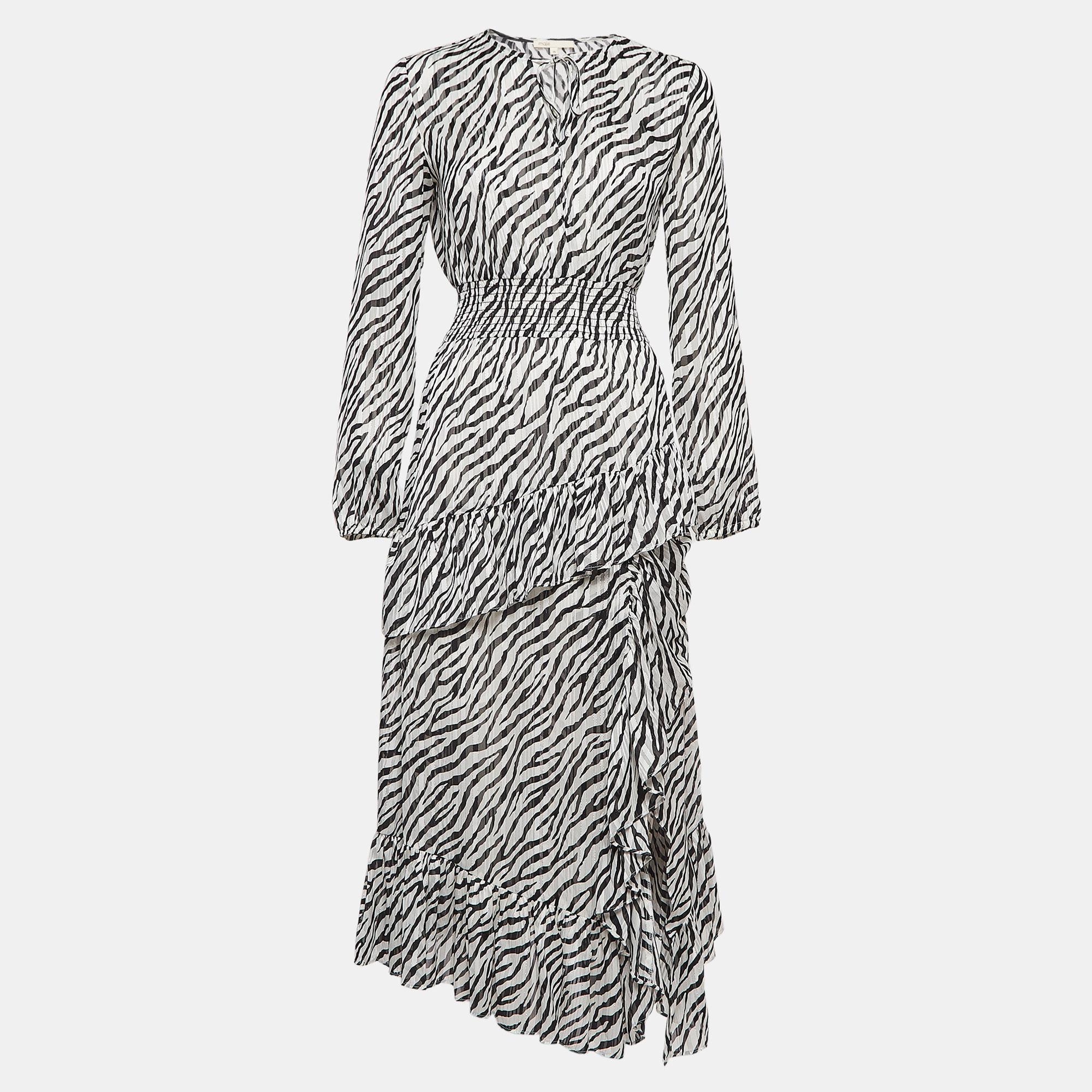 

Maje Black/White Zebra Print Lurex Crepe Ruffled Maxi Dress S