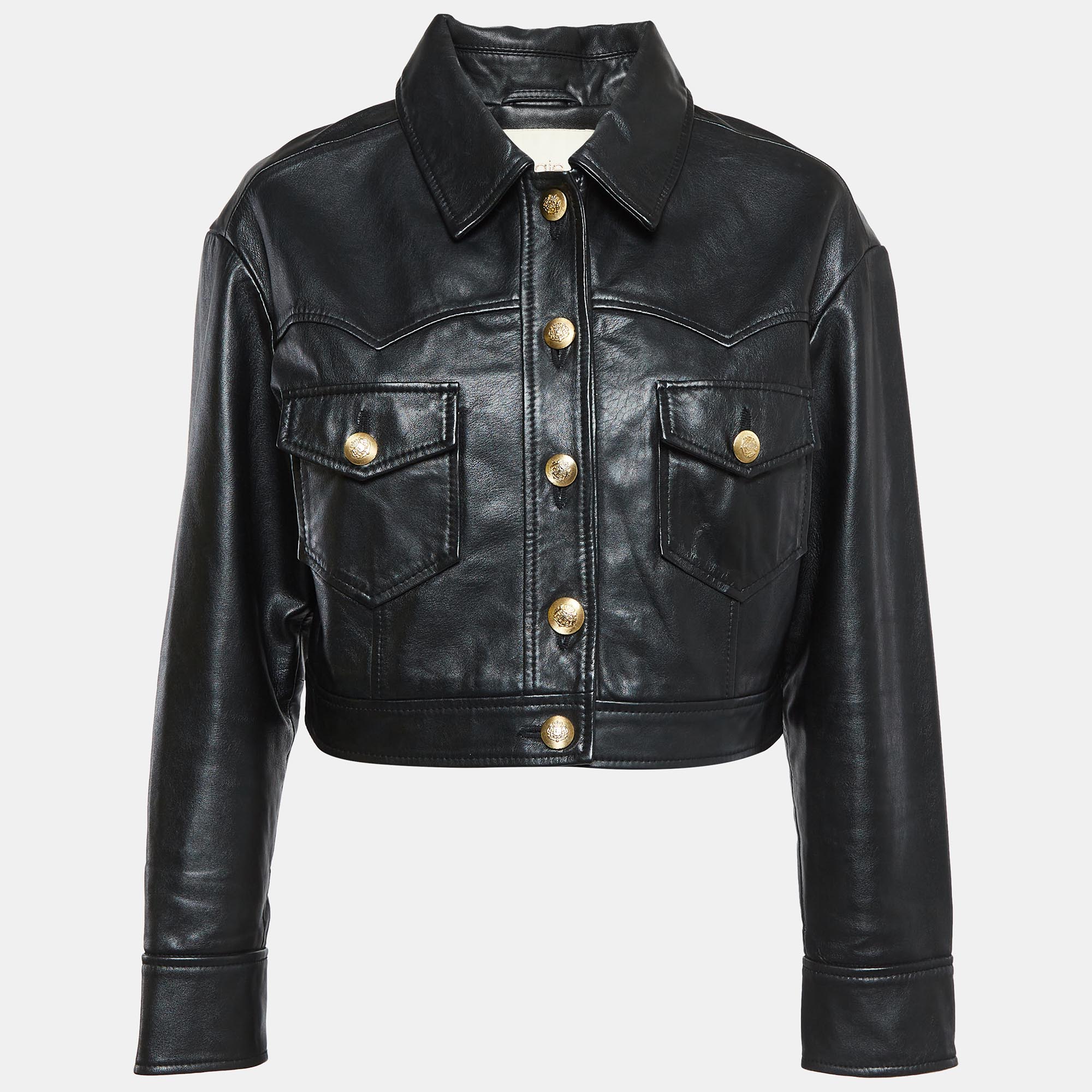 

Maje Black Leather Bacchus Crop Leather Jacket L