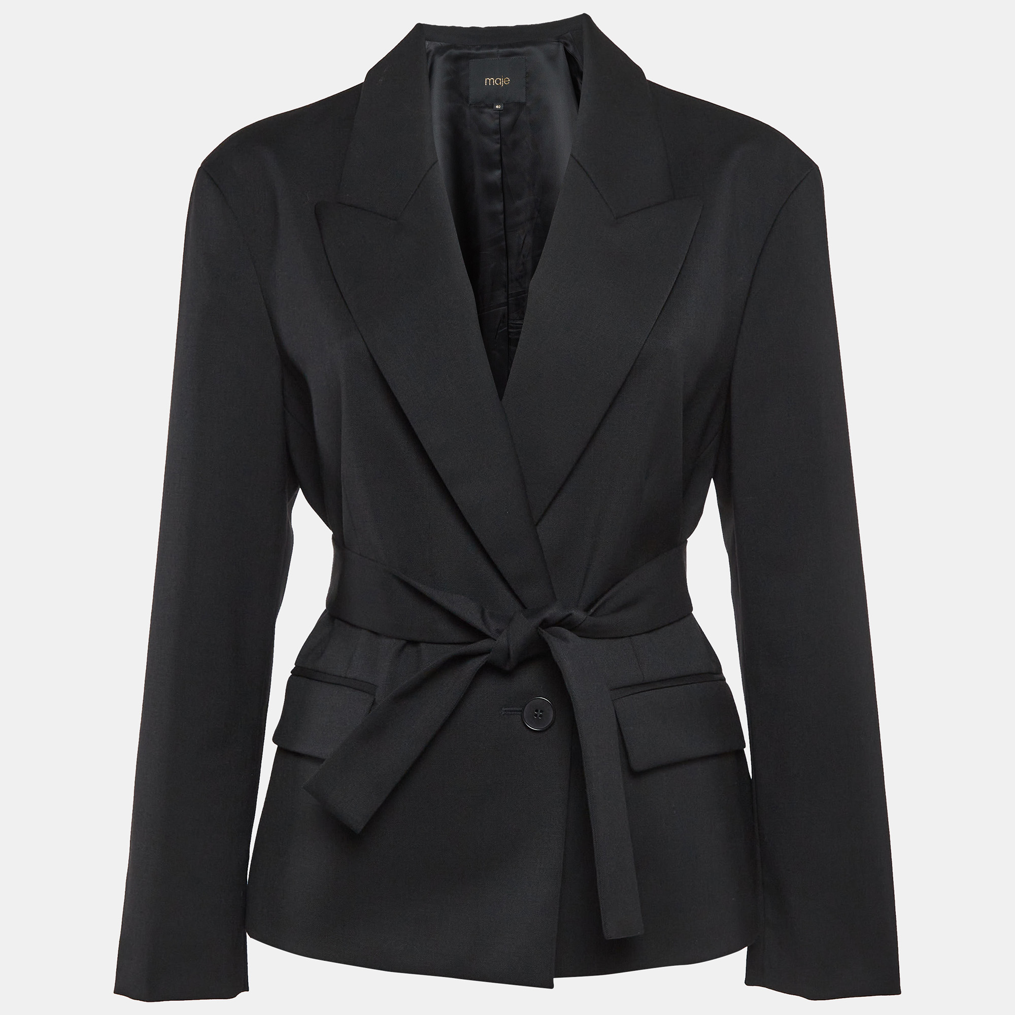 Pre-owned Maje Black Wool-blend Belted Blazer L