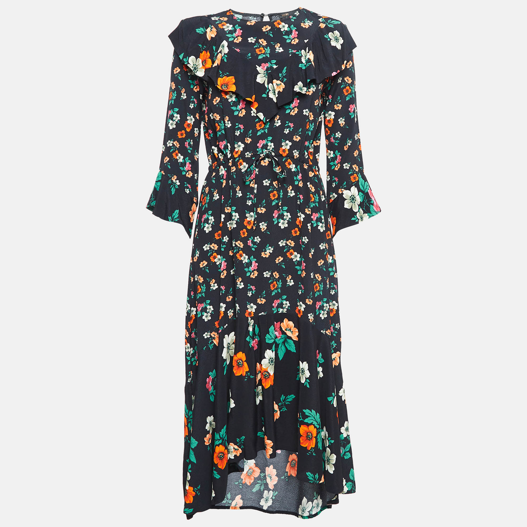 

Maje Black Floral Print Crepe Ruffled Midi Dress M