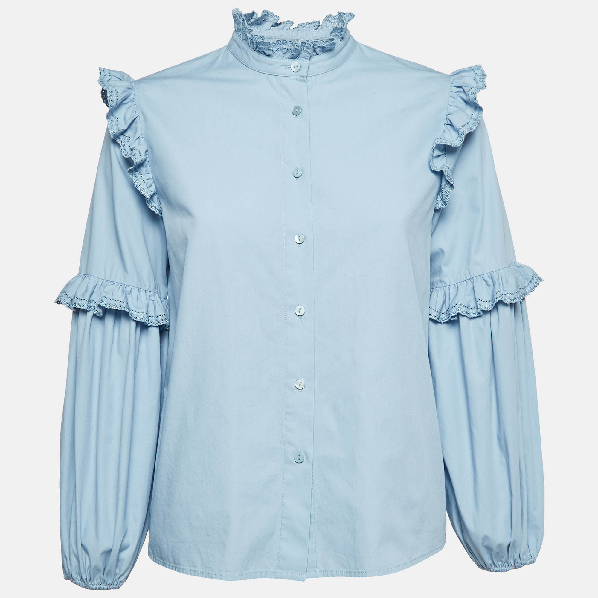 Pre-owned Maje Blue Cotton Lace Ruffle Detail Shirt M