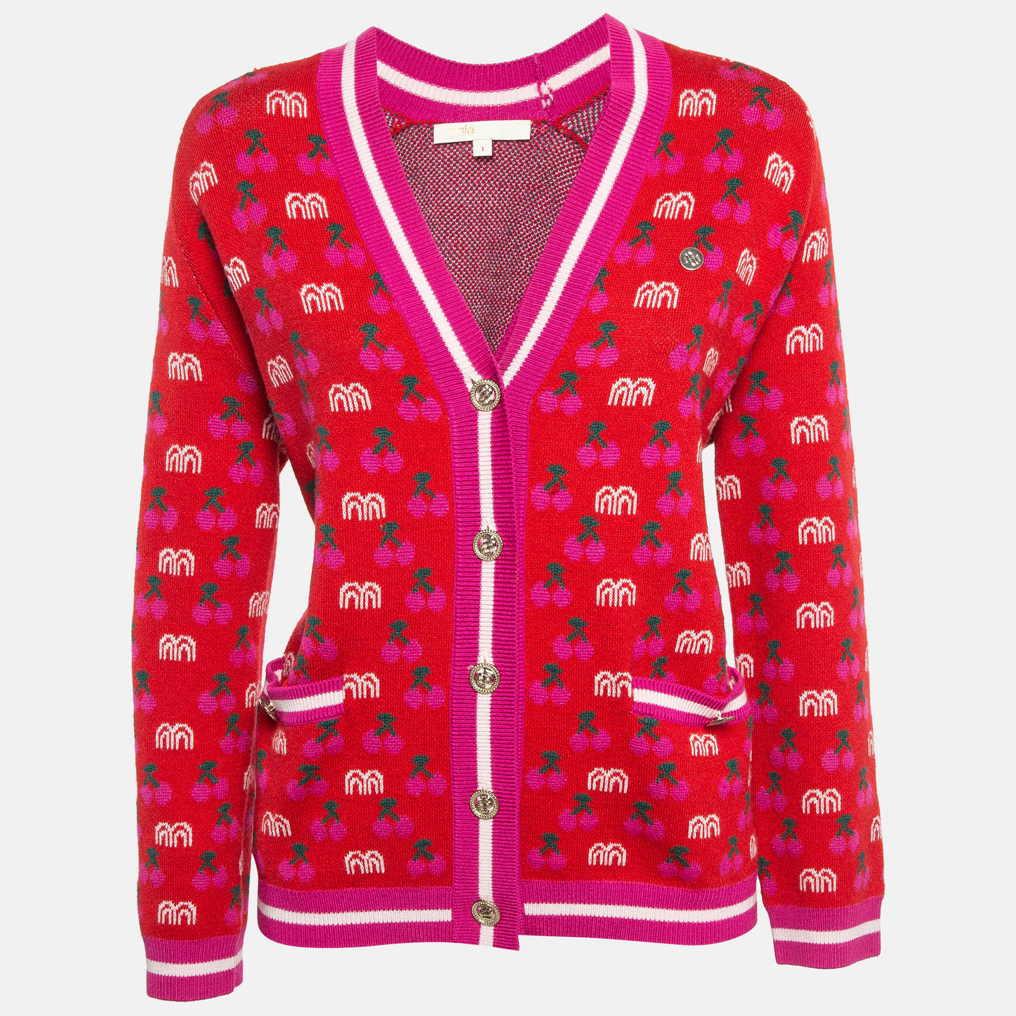 Pre-owned Maje Red March Cherry Jacquard Knit Cardigan S