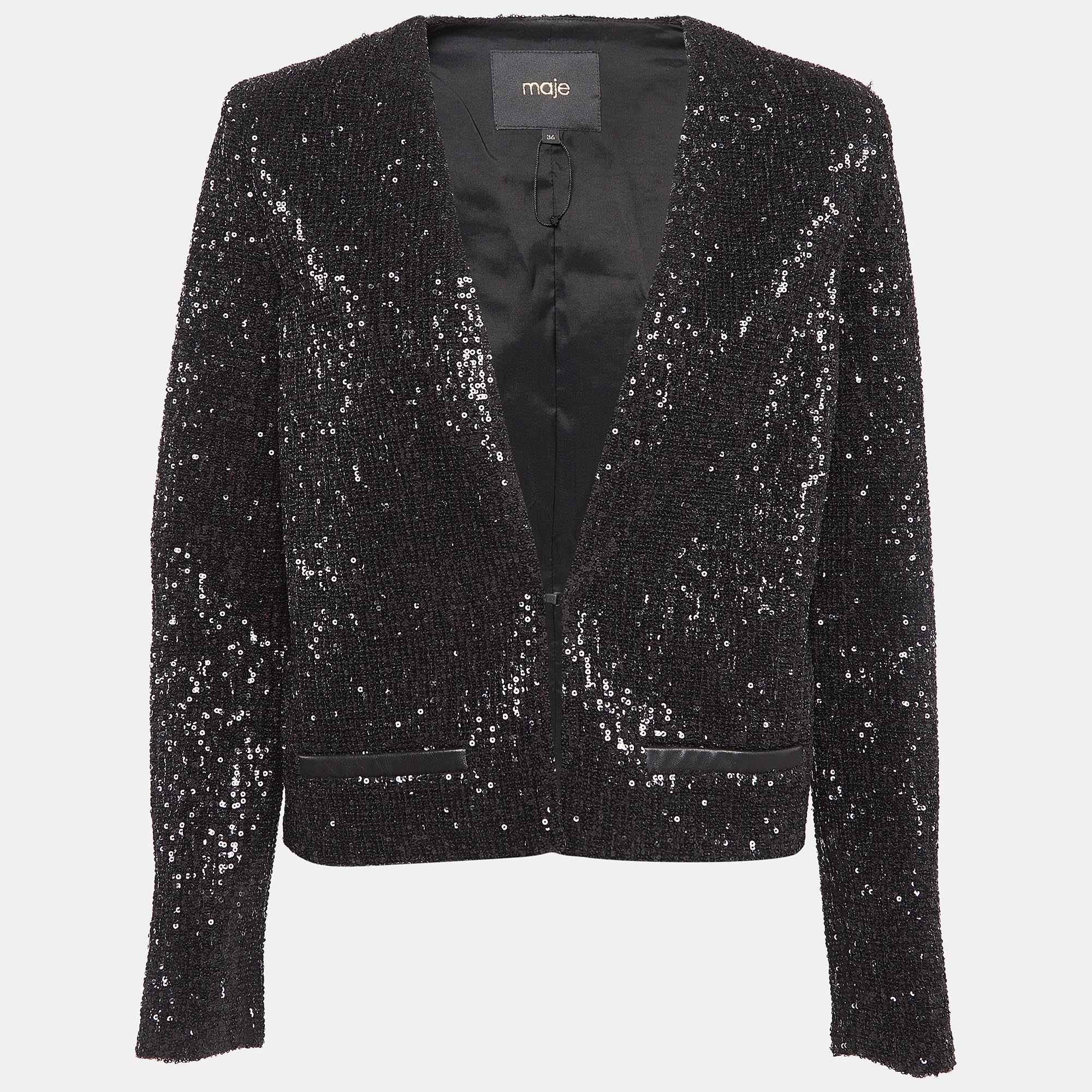 Pre-owned Maje Black Sequin Cropped Jacket S