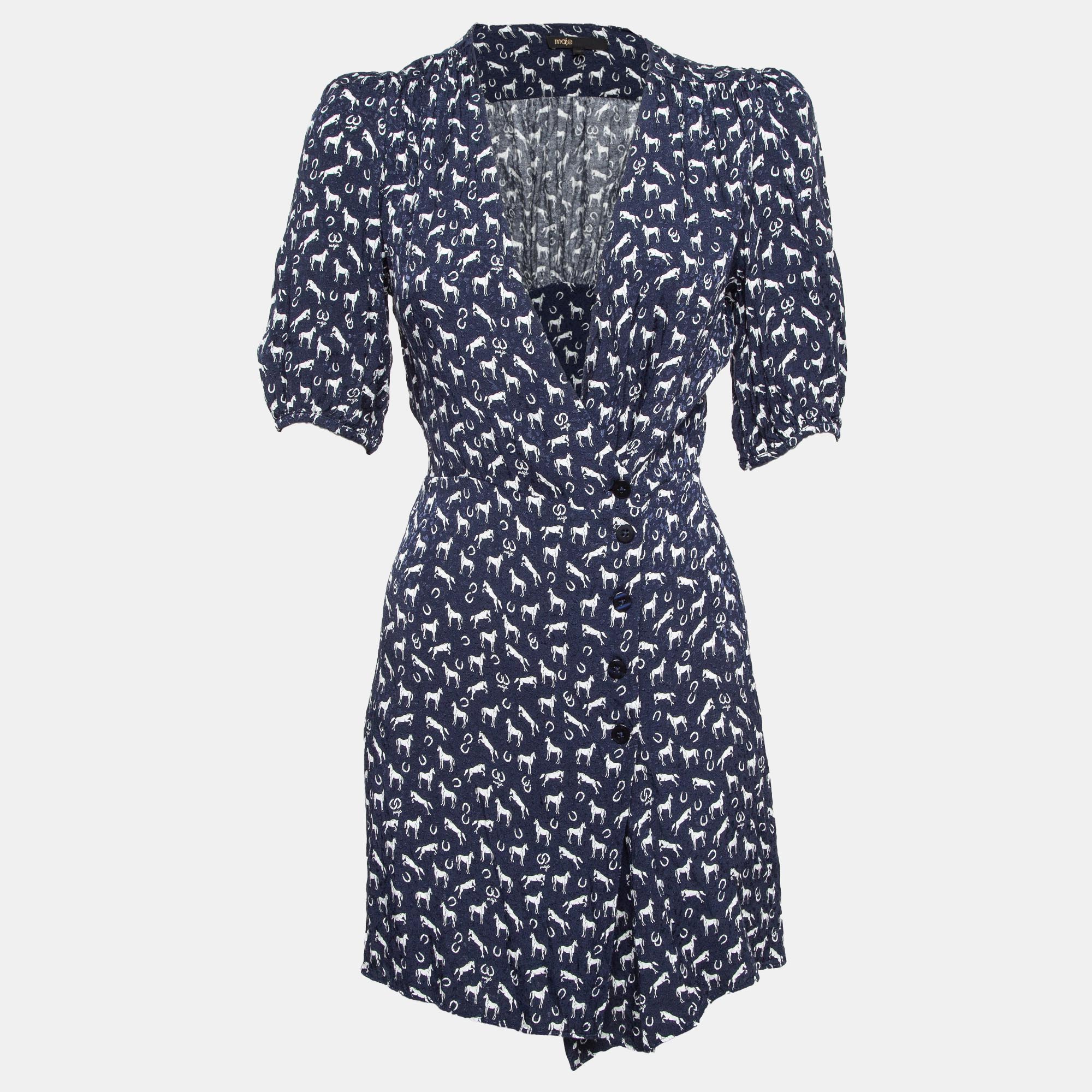 

Maje Blue Horse Print Crepe Buttoned Mini Wrap Dress S