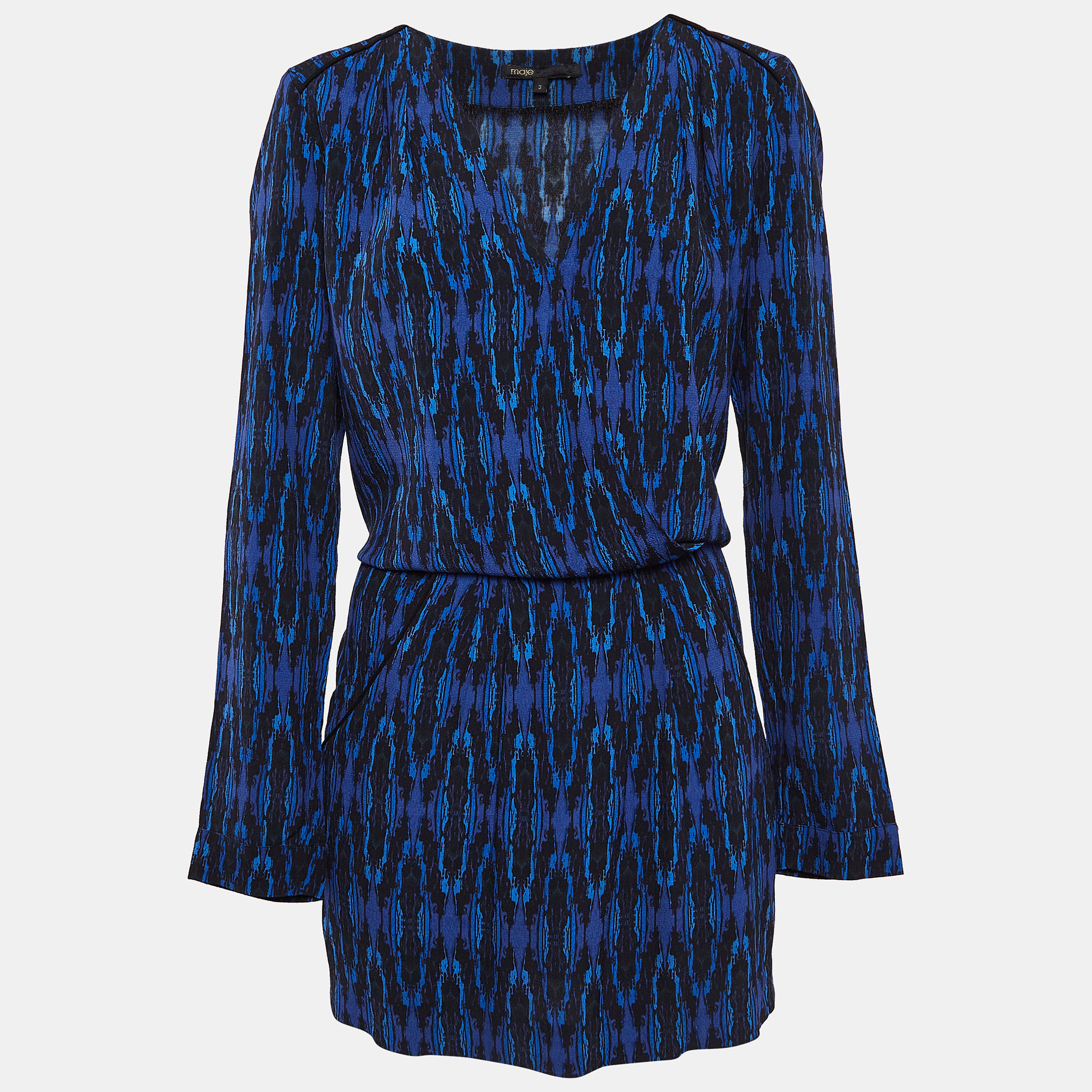 Pre-owned Maje Blue Printed Crepe Long Sleeve Mini Dress L