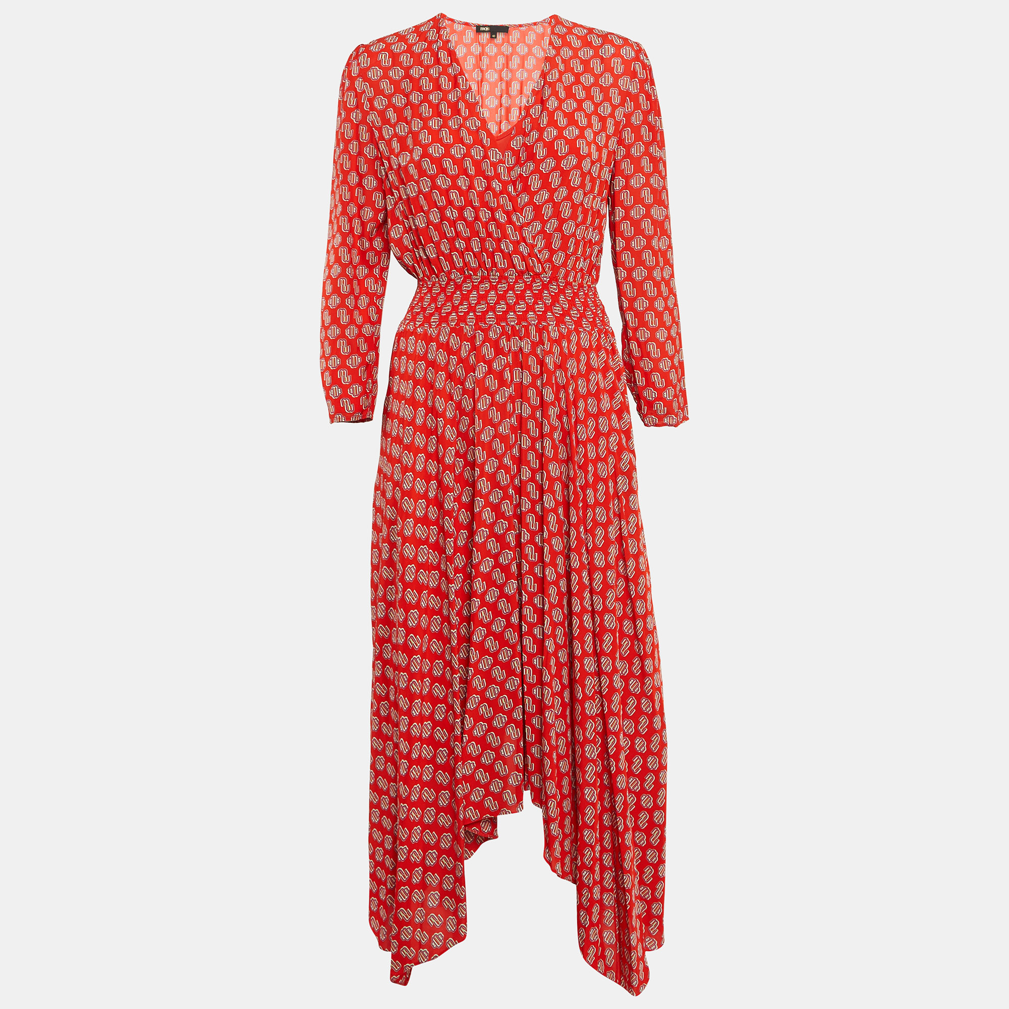 

Maje Red Monogram Print Crepe Midi Dress L