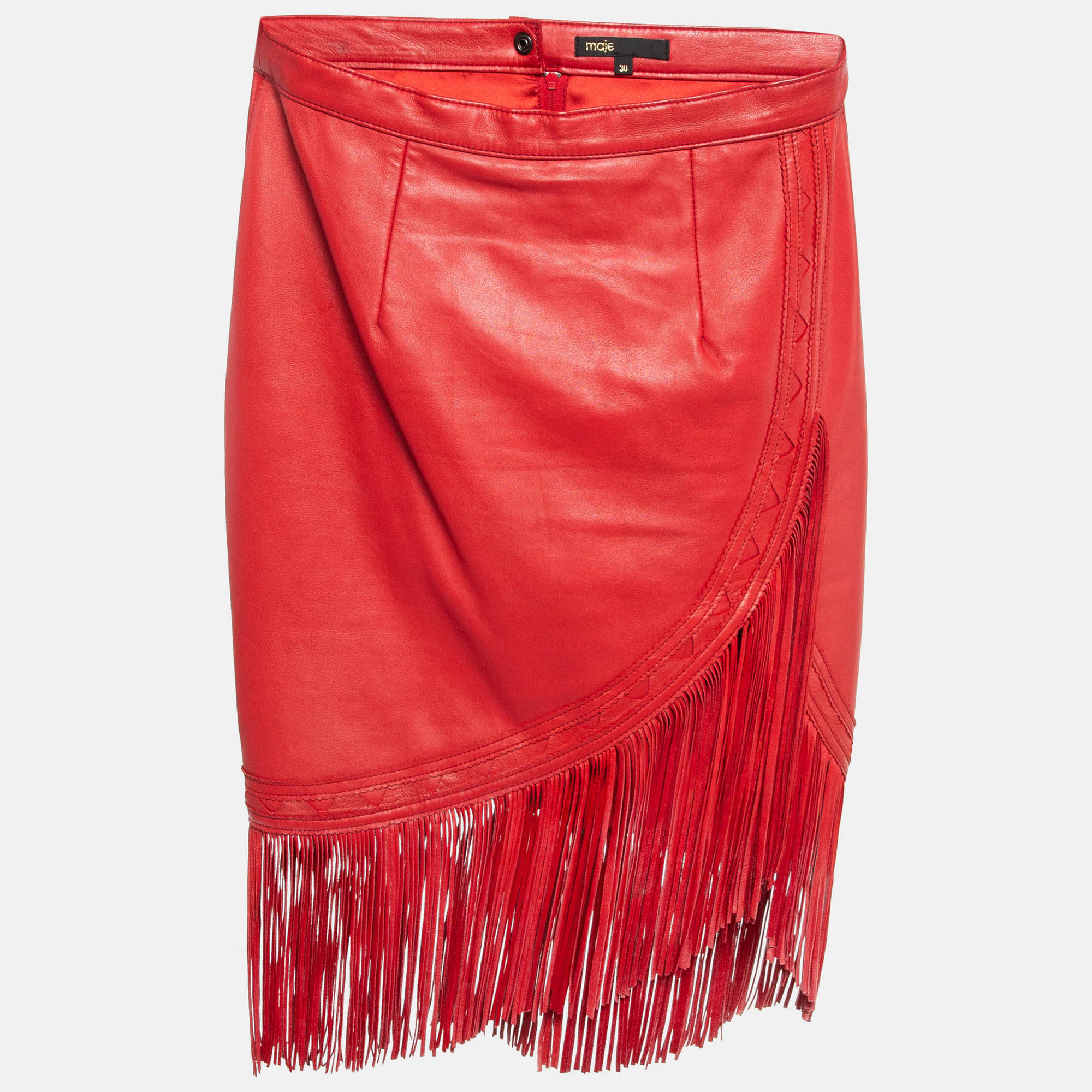 Pre-owned Maje Red Leather Fringe Detail Mini Skirt M