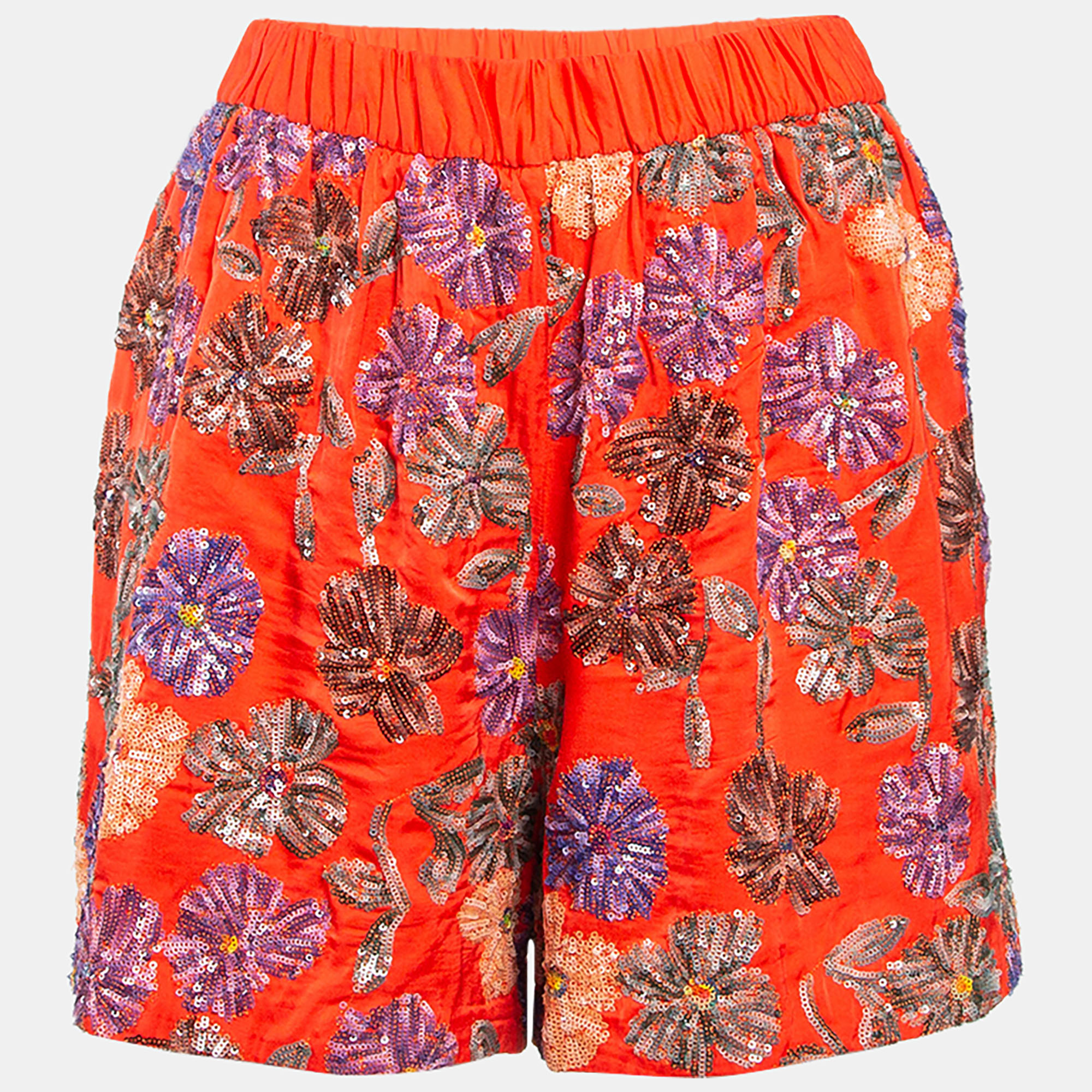 

Maje Orange Floral Sequin Embroidered Crepe Izul Shorts L