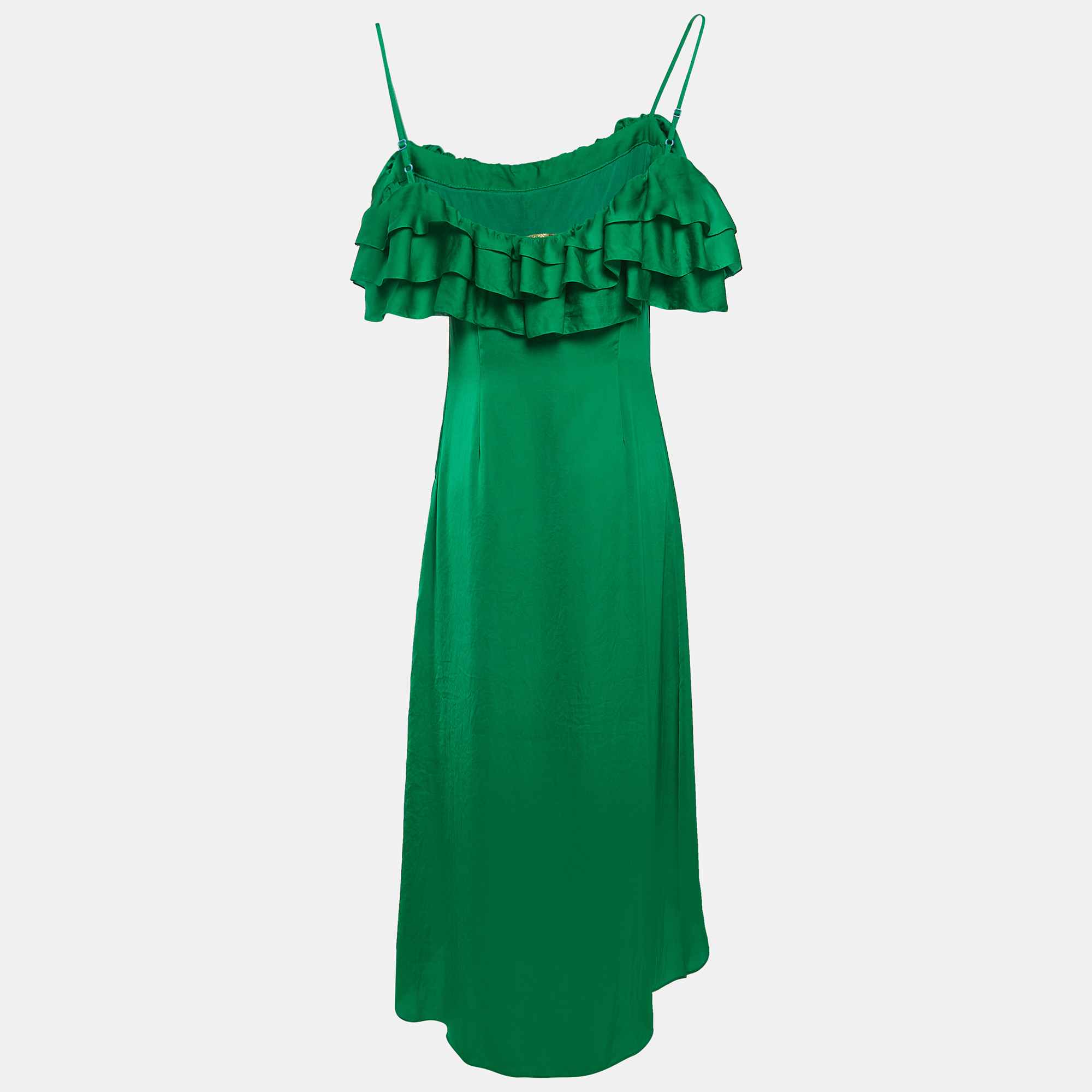 

Maje Green Satin Ruffled Rovanta Midi Dress L