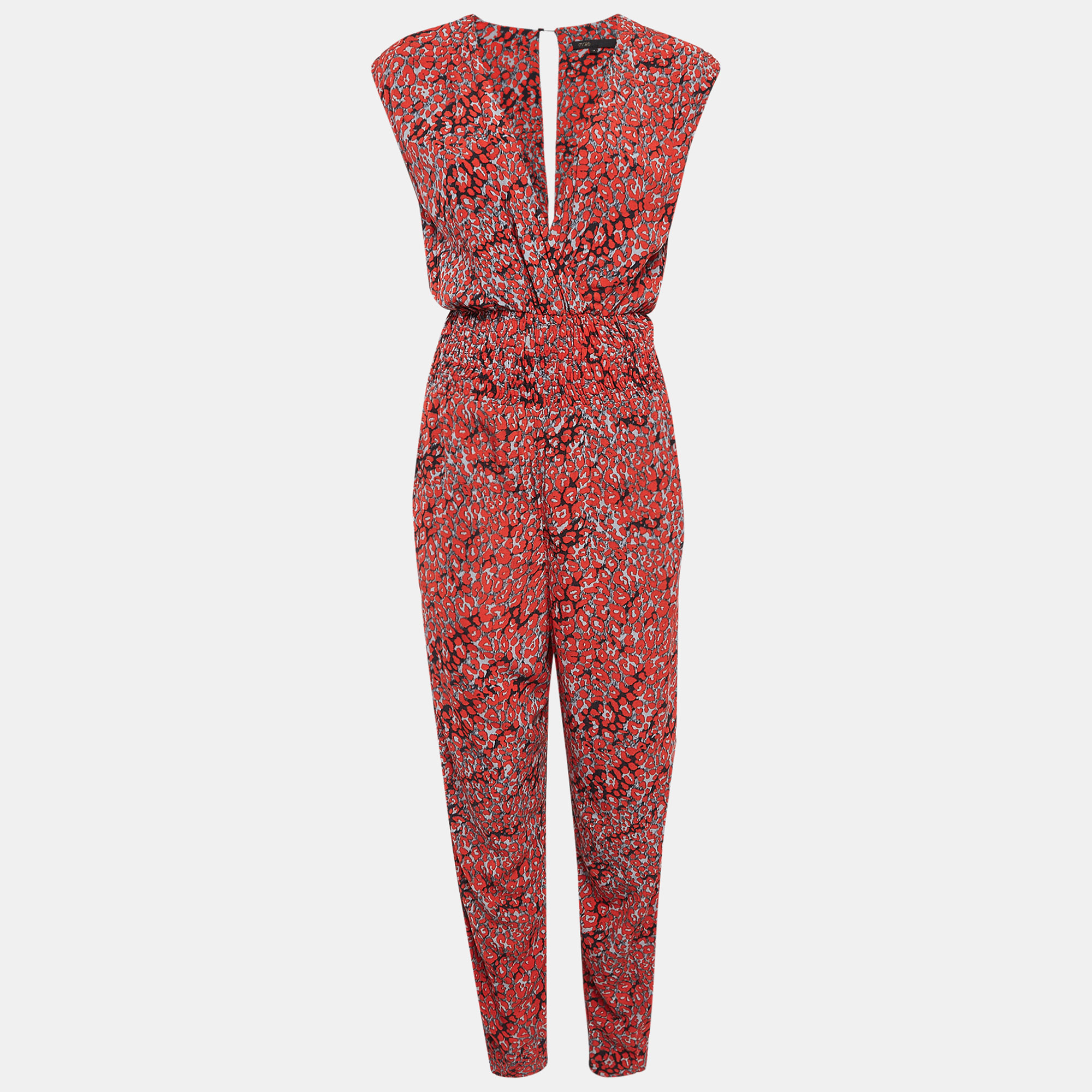 

Maje Red Printed Crepe Smocked Detail Jumpsuit M