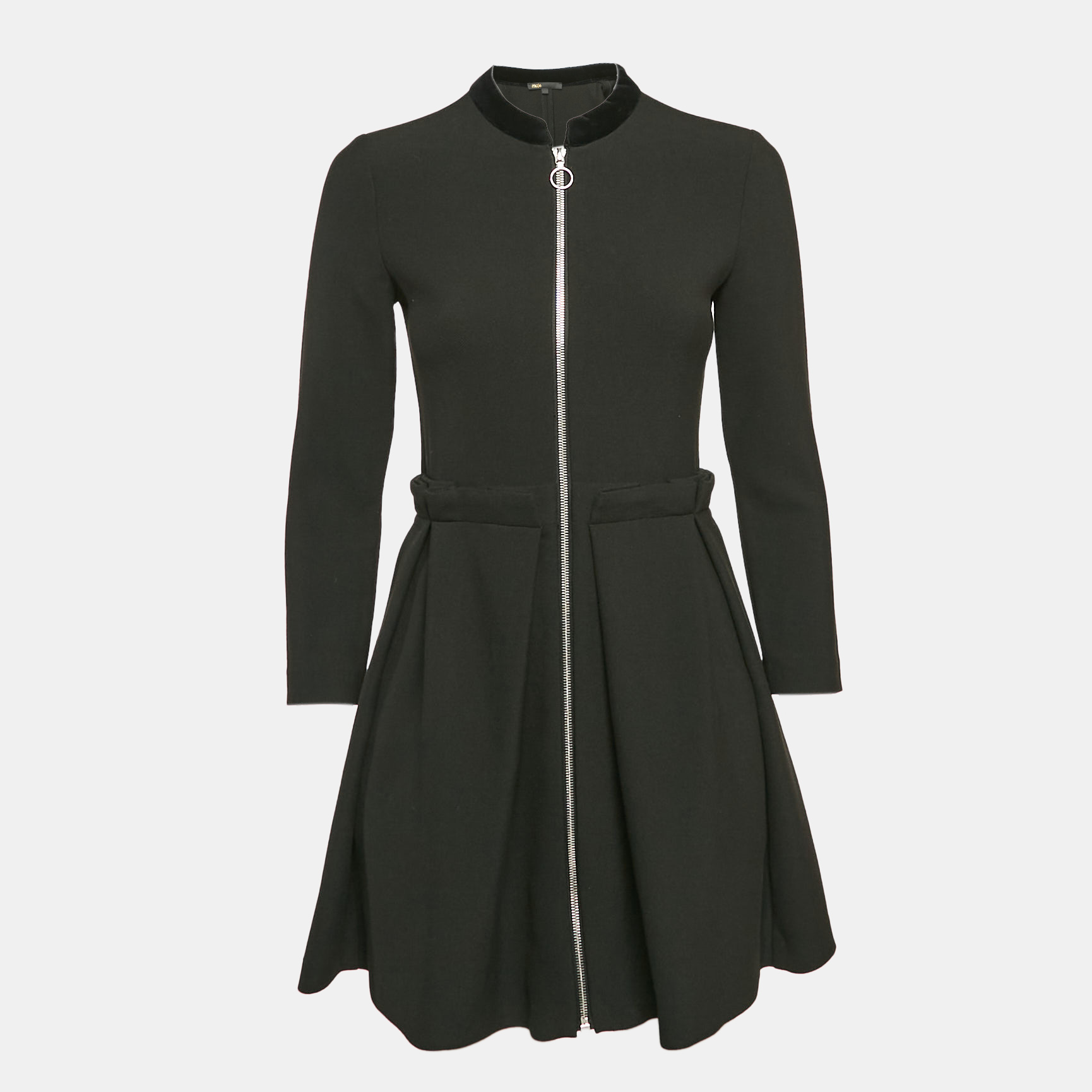 

Maje Black Gabardine Pleated Zip-Up Mini Dress S