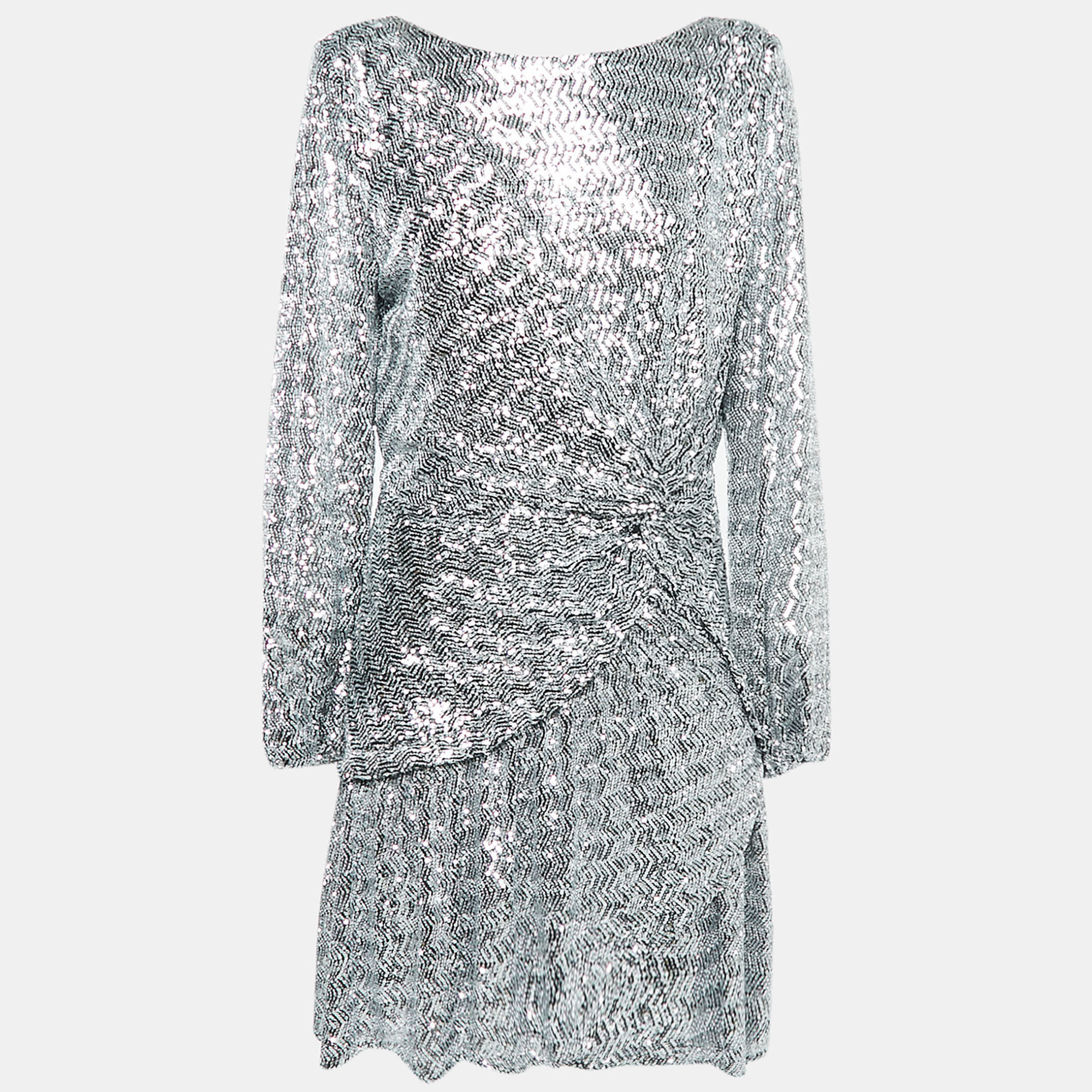 

Maje Silver Sequin Crepe Ruched Full Sleeves Mini Dress XL